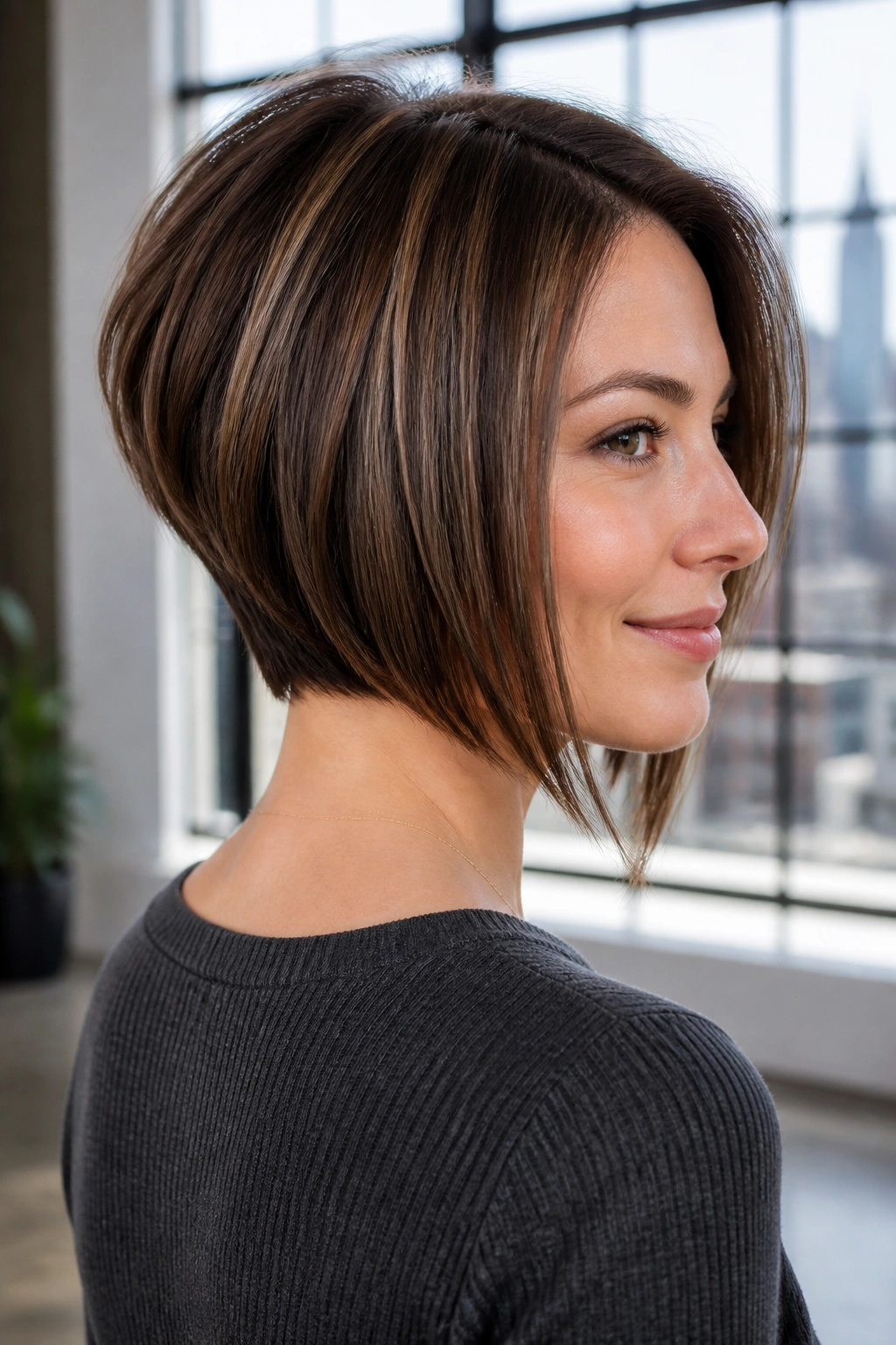 Portrait of a woman with a stacked back-angled bob showing nape layers