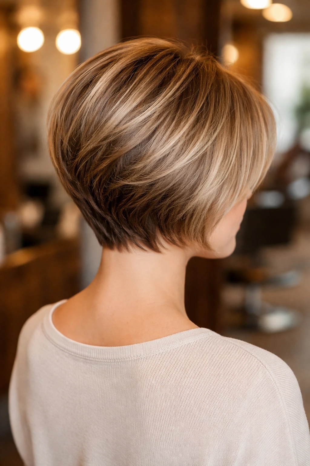 Rear three-quarter portrait showing stacked back bob