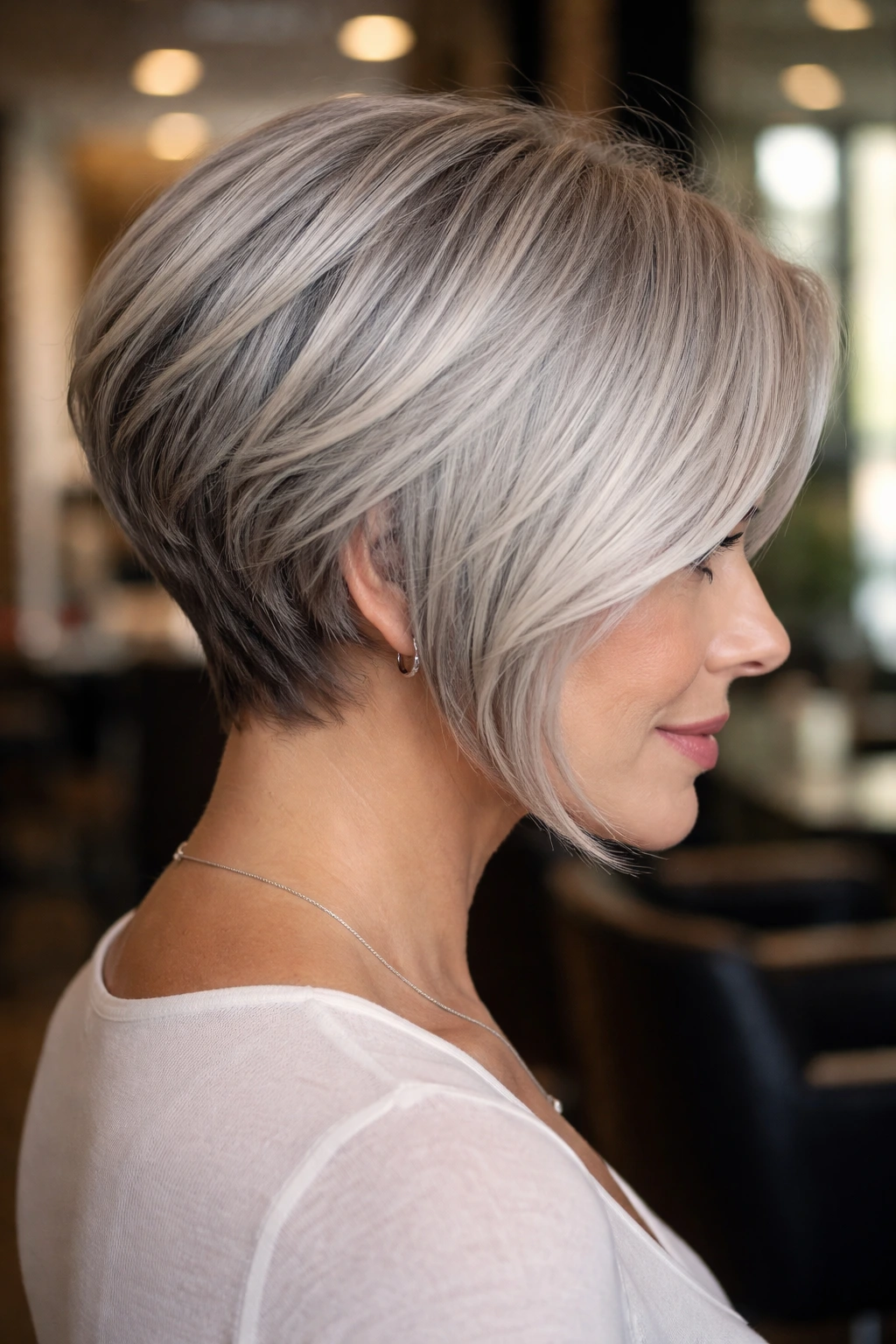 Close-up of a real woman with stacked back bob and silver hair in a chic salon