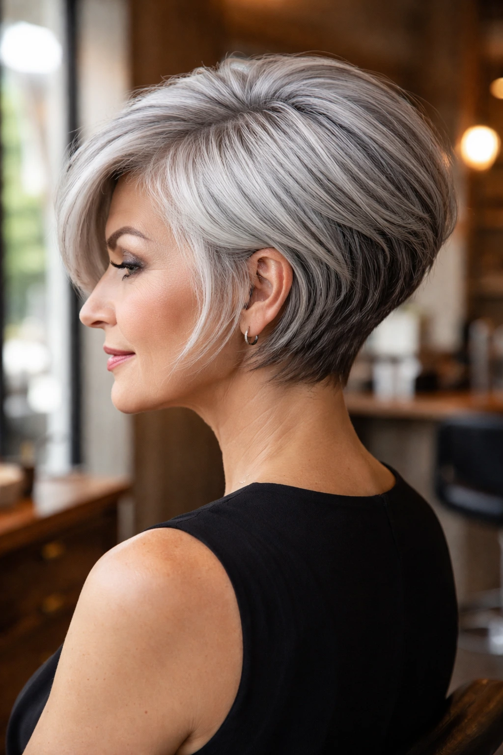 Portrait of a real woman with stacked back bob and silver hair in a chic salon.