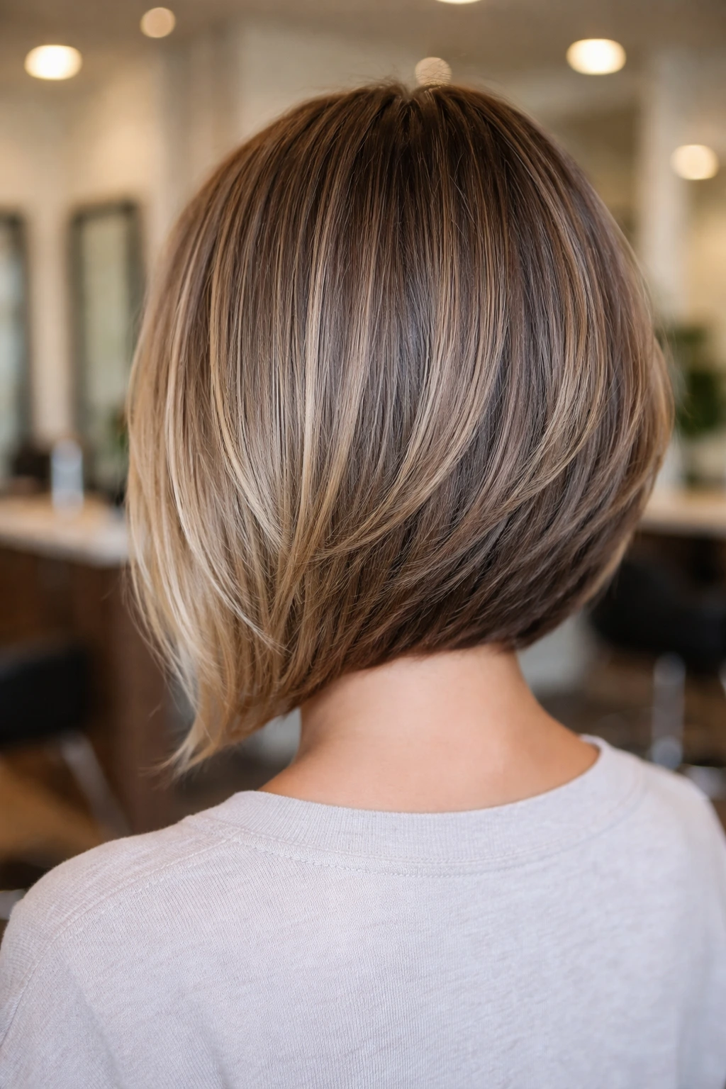 Back view of real person with a subtle nape stack in a lob