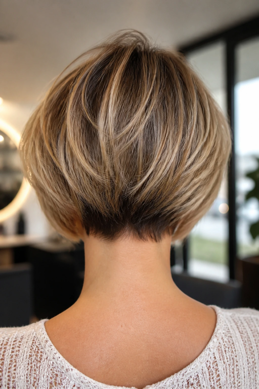 Back-of-head view of a real woman with stacked bob layers at the nape.