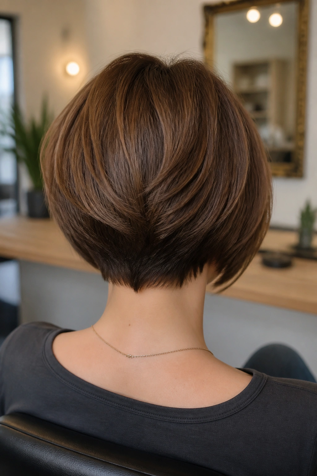 Back view of a girl with stacked bob showing nape layering