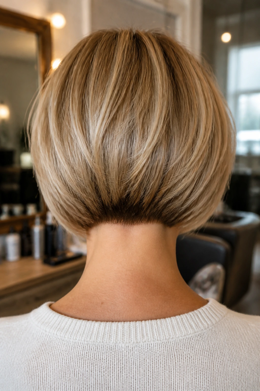 Back view of a real woman with stacked bob showing crown lift