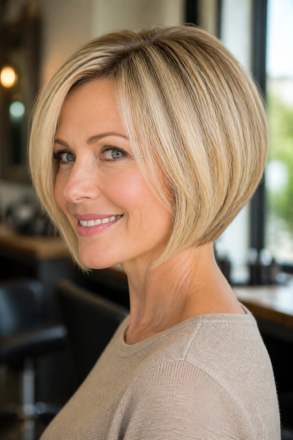 Close-up portrait of a real woman with a classic stacked blonde bob for fine hair, showing nape lift and chin-length front.