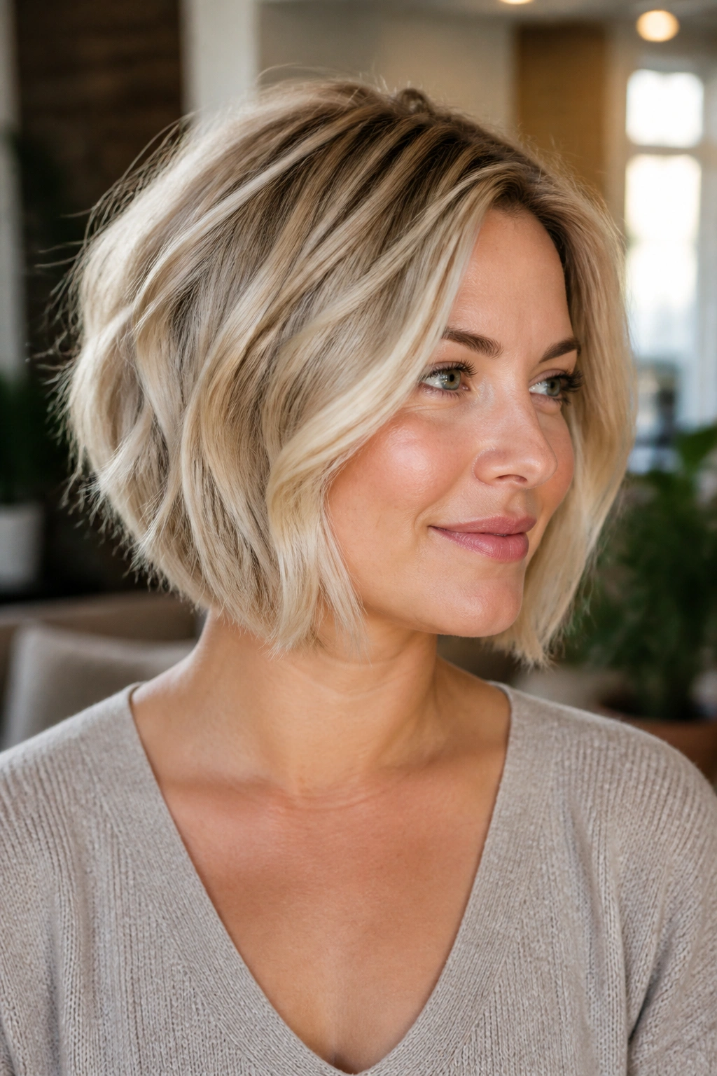 Close-up portrait of a real woman with a stacked blonde bob showing crown lift and jaw-grazing front pieces.