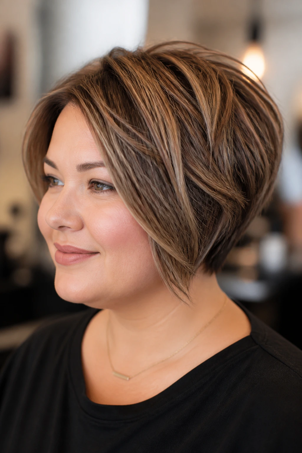 Portrait of a real woman with a stacked bob and broken layers.