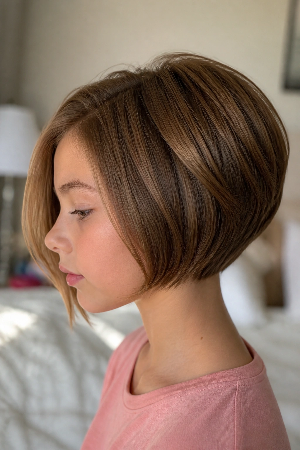 Real girl with stacked bob showing crown lift in soft window light