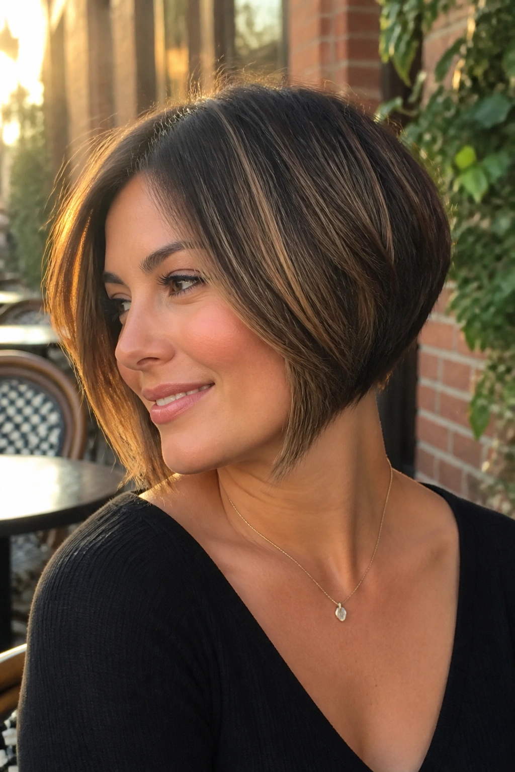 Portrait of a real woman with stacked bob and caramel highlights