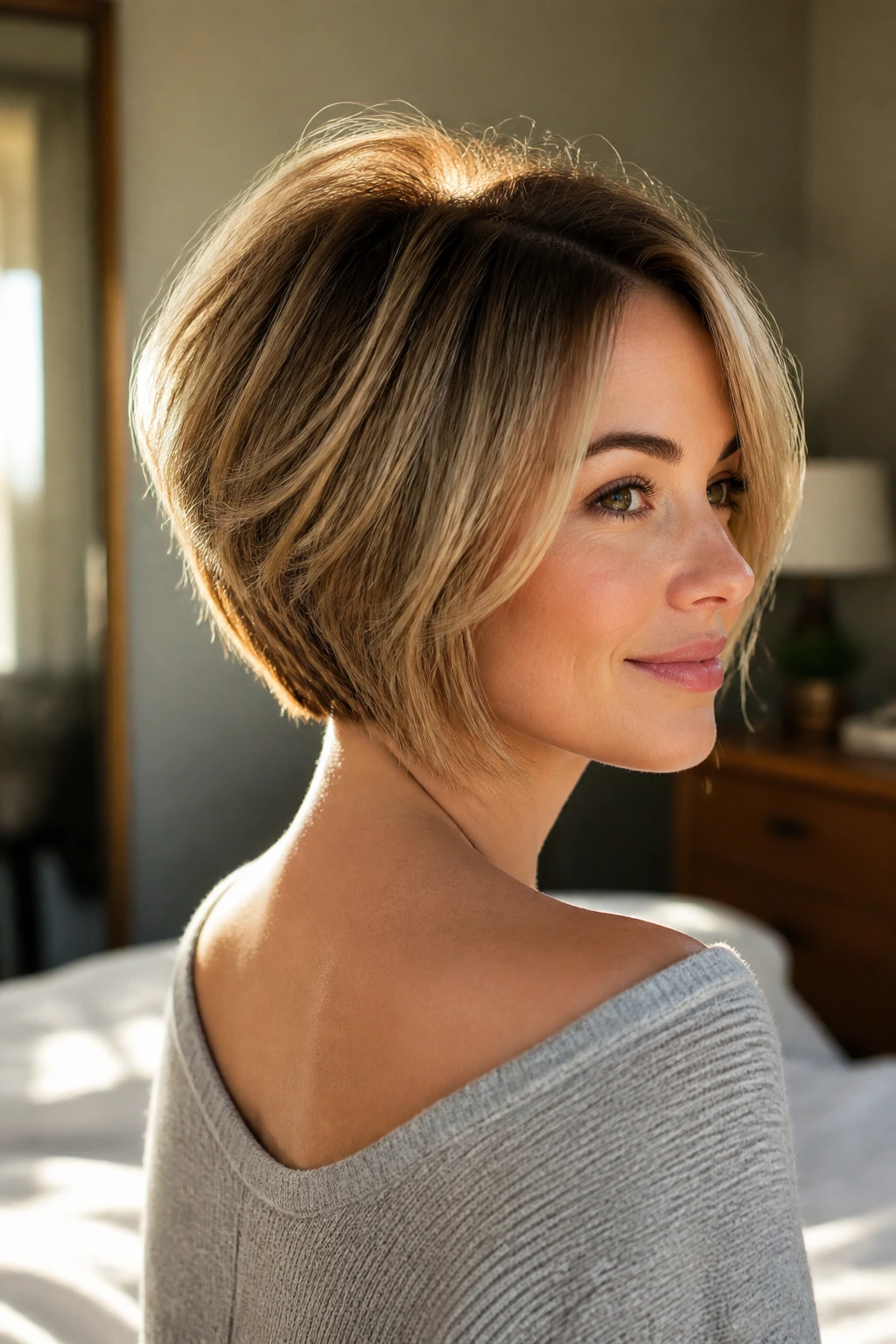 Close-up of a real woman with a stacked bob and crown height in a sunlit bedroom