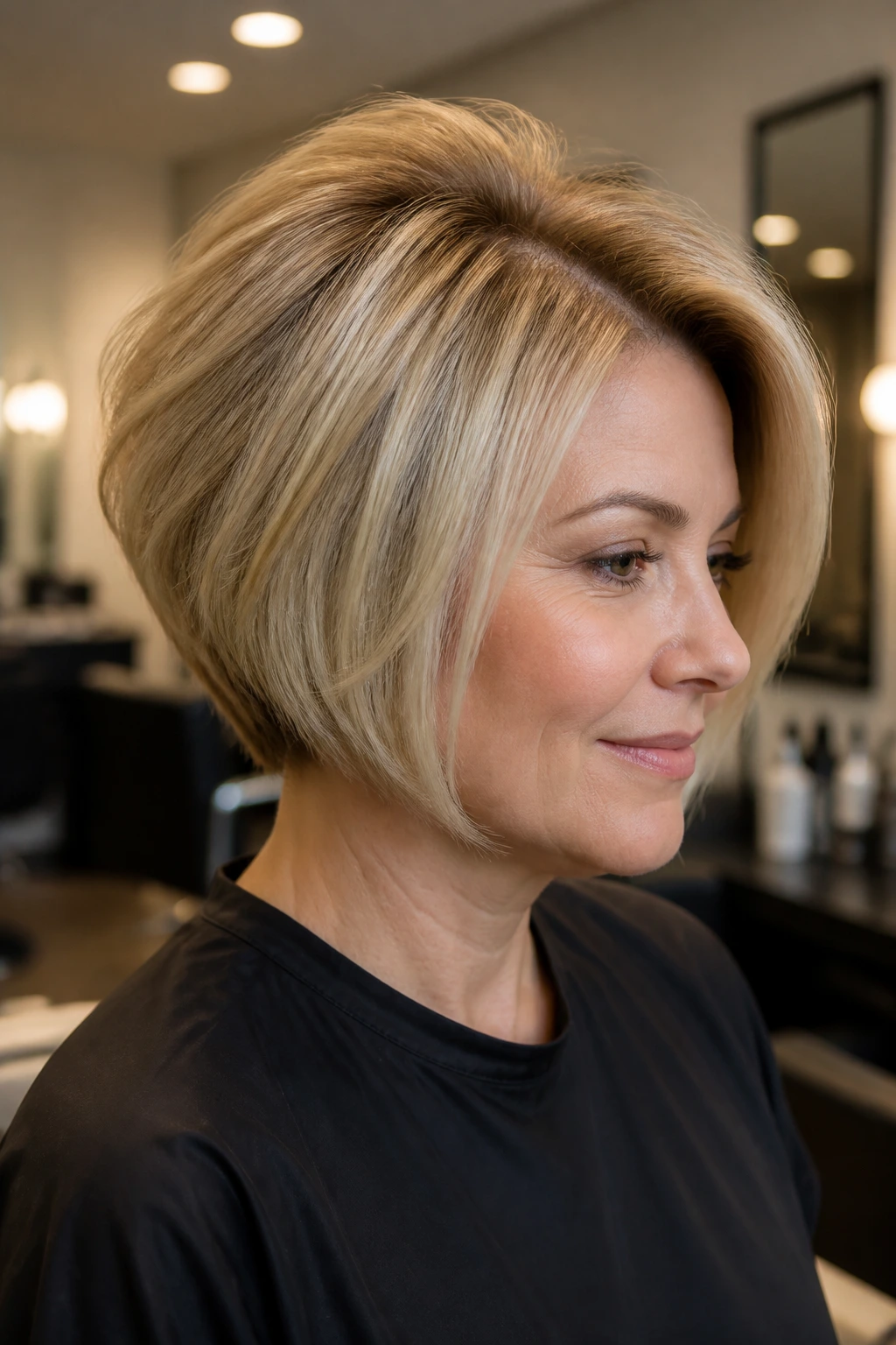 Real woman with stacked blonde bob showing crown-height lift.