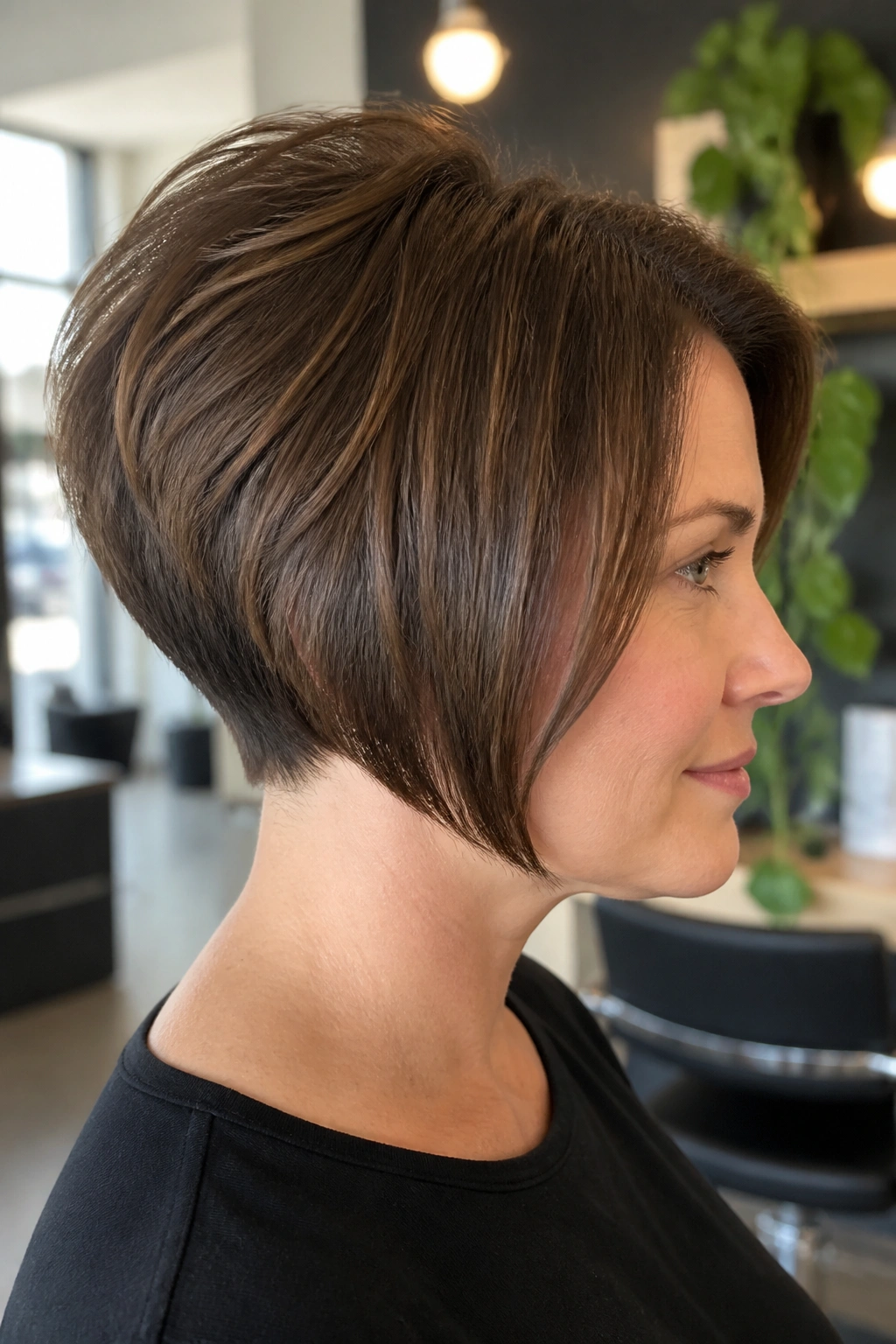 Close-up portrait of a real woman with a stacked bob providing crown-height volume