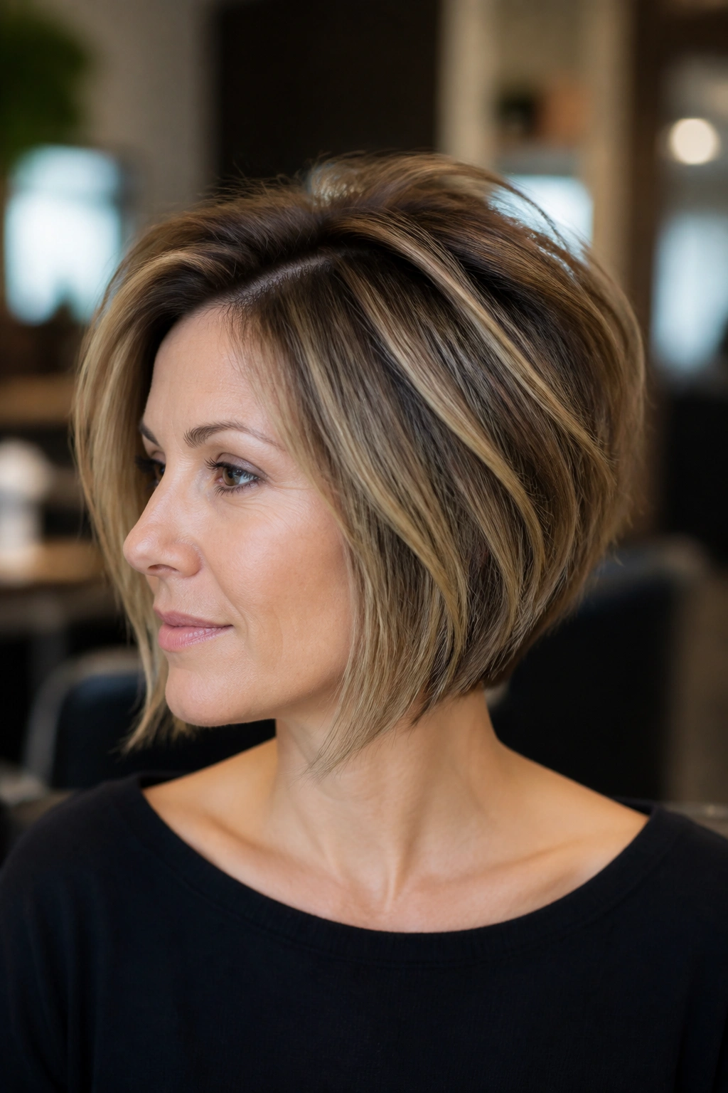 Head-and-shoulders portrait of a real woman with a stacked bob and crown lift