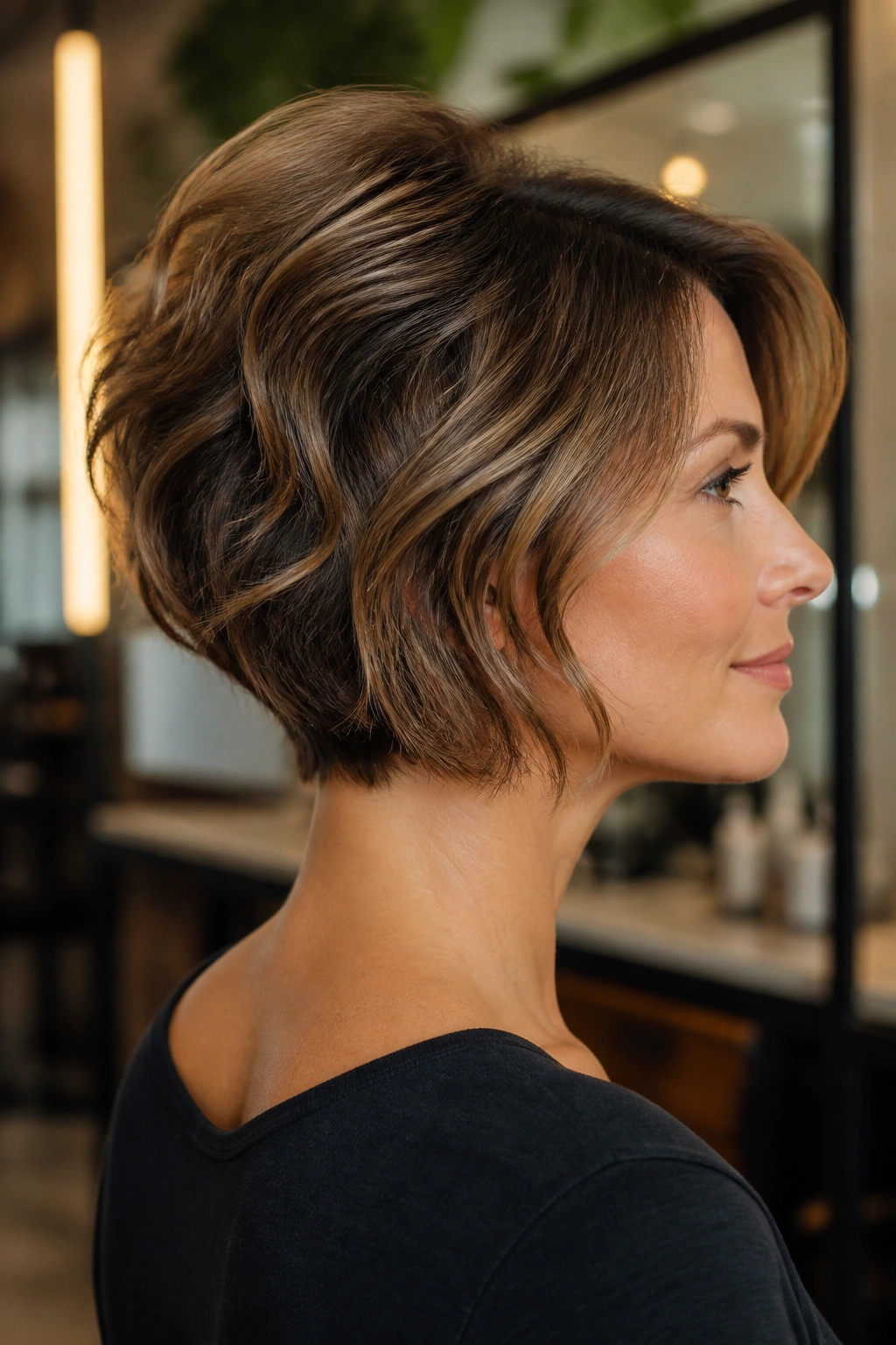 Three-quarter profile of a real person with a stacked bob and lifted crown