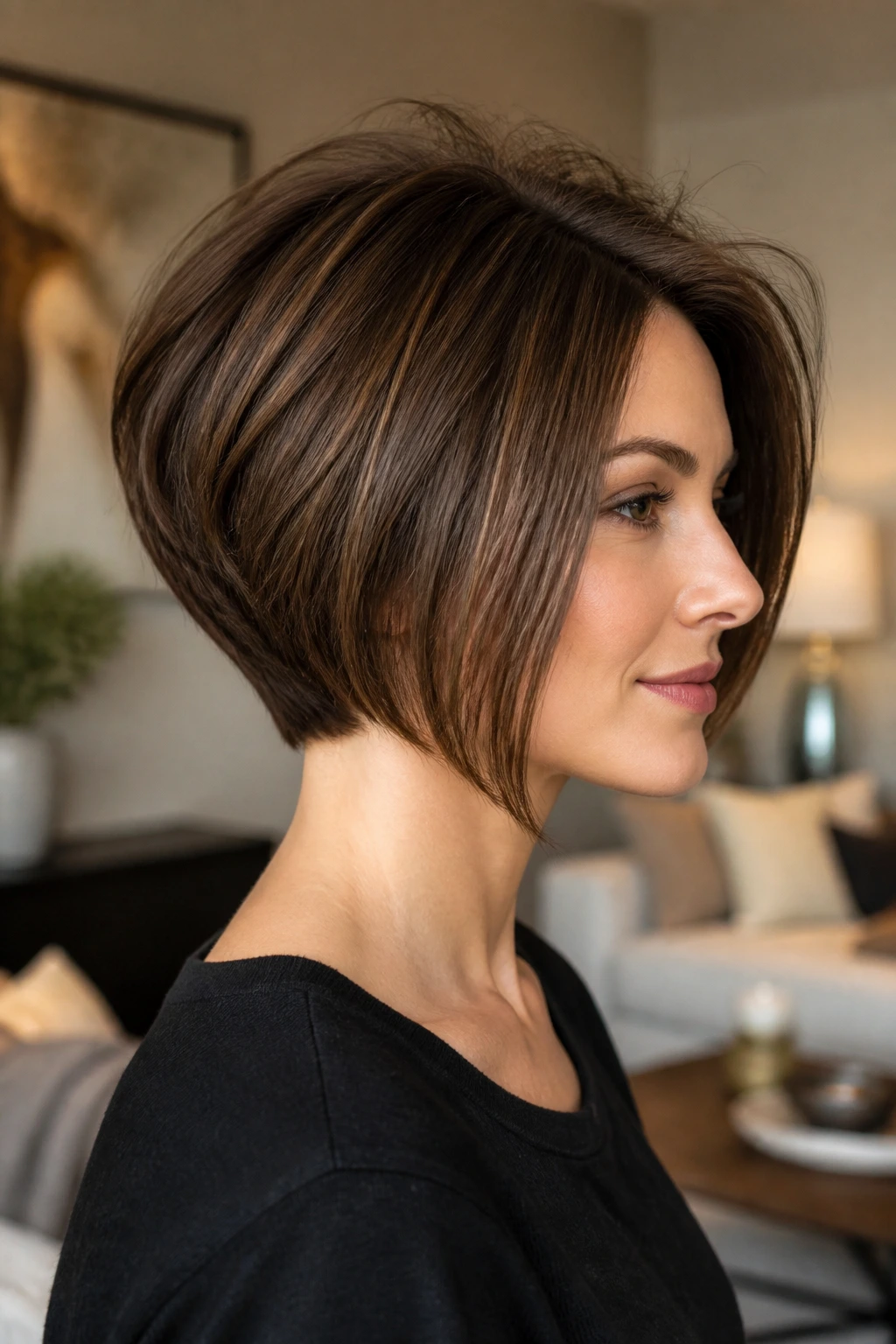 Stacked bob with crown lift hairstyle on real woman