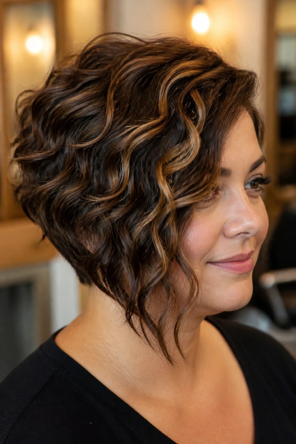Close-up of a real woman with a stacked asymmetrical bob and crown lift.
