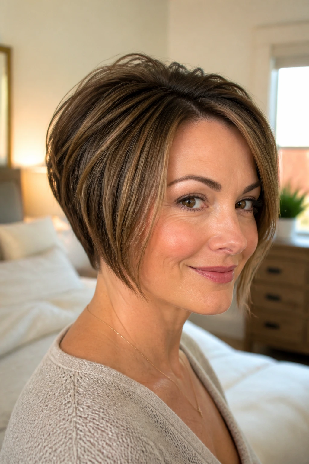 Close-up portrait of a real woman with a stacked bob and crown lift in a sunlit bedroom