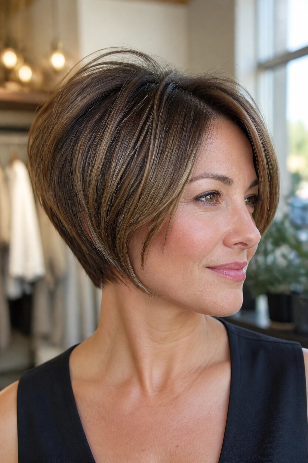 Close-up of a real woman with a stacked bob and soft crown lift.