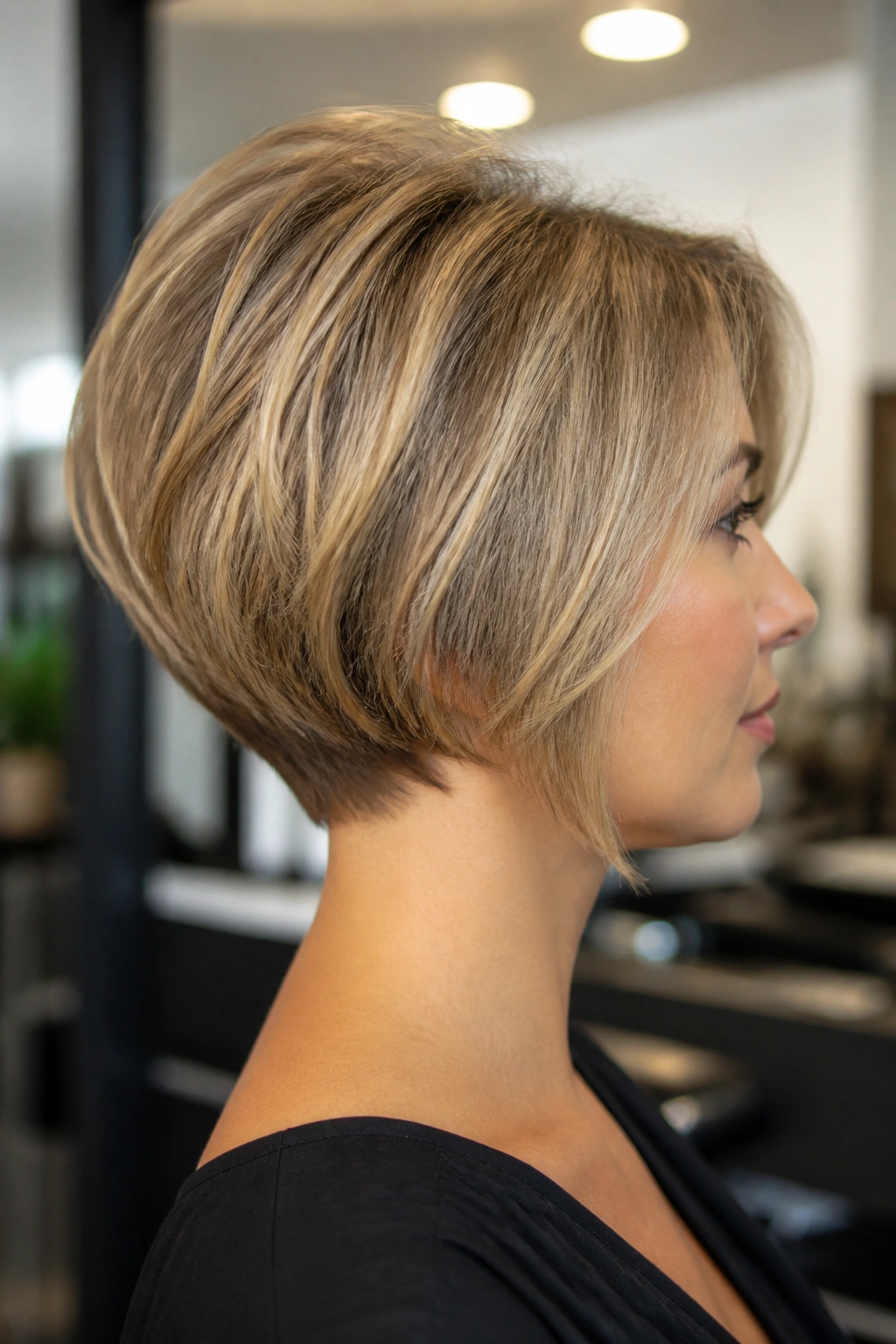 Close-up side portrait of a real woman with a stacked bob and crown lift hairstyle