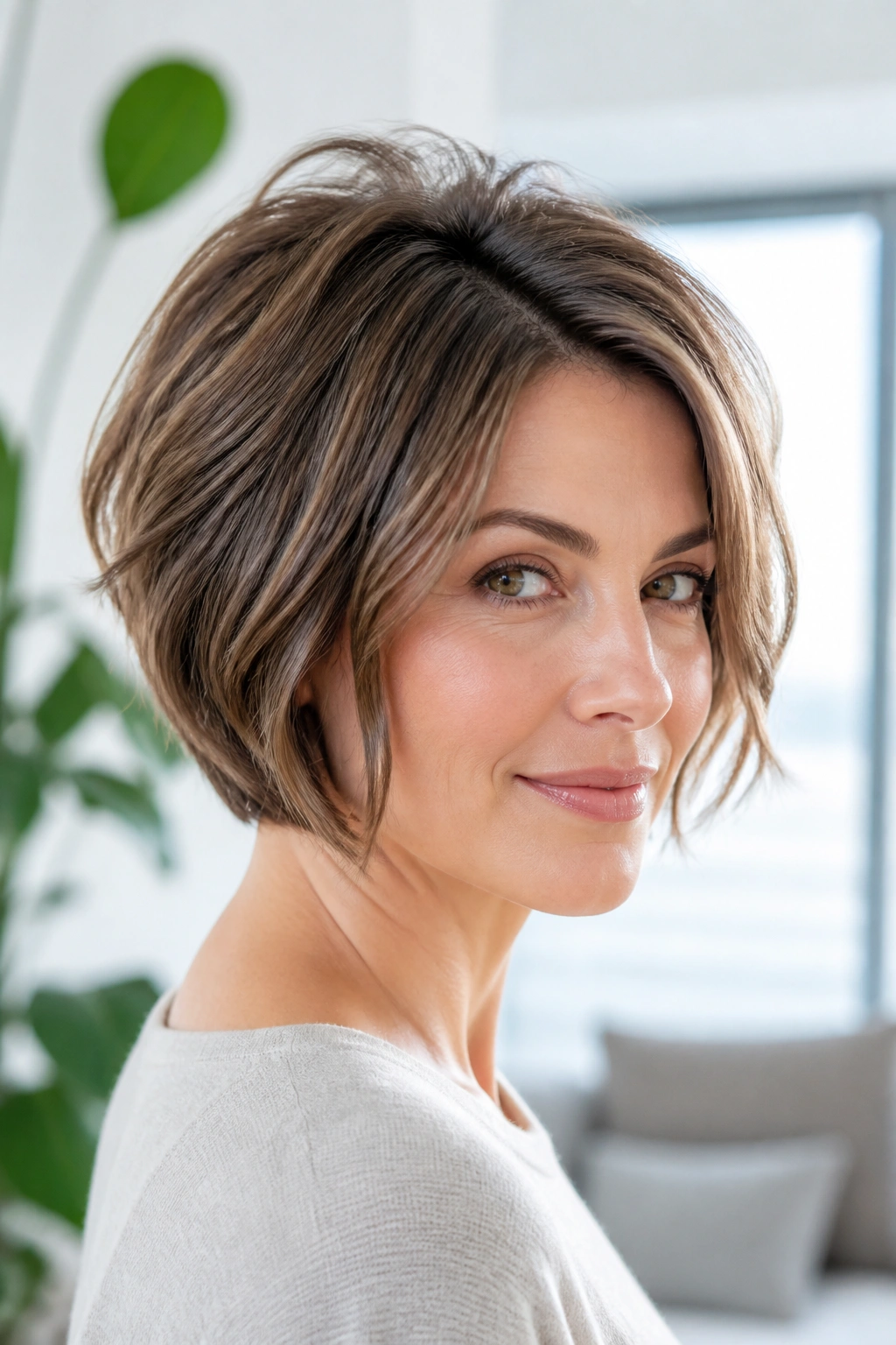 Real woman with stacked bob and crown lift in bright minimal space