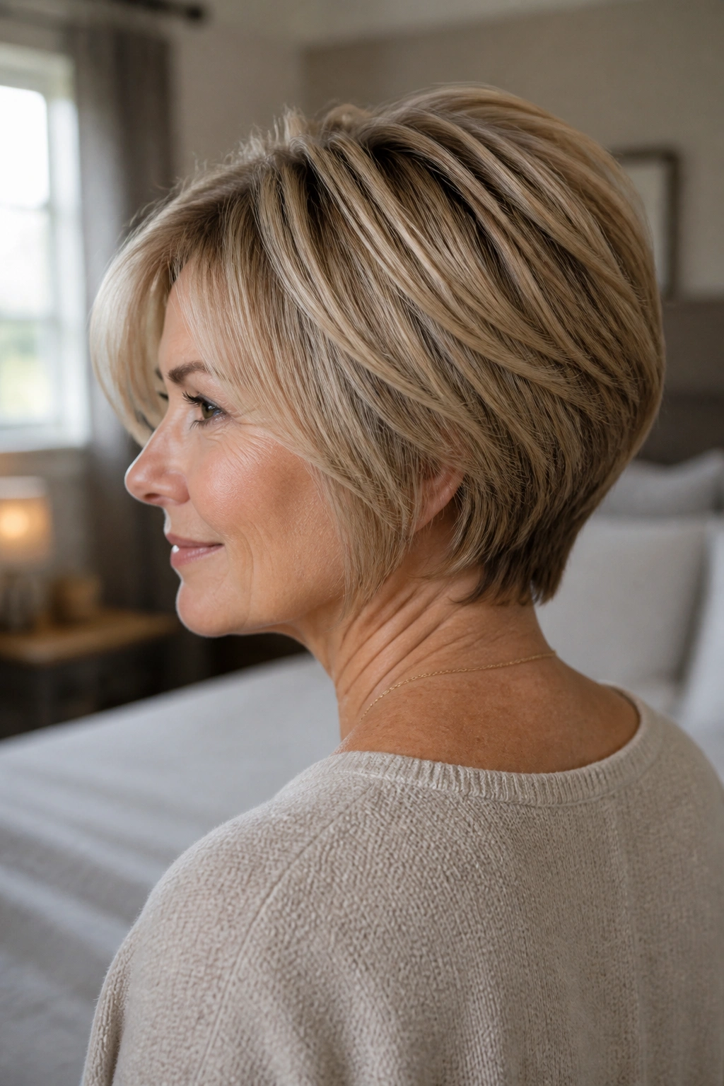 Close-up of real woman with stacked bob showing crown lift