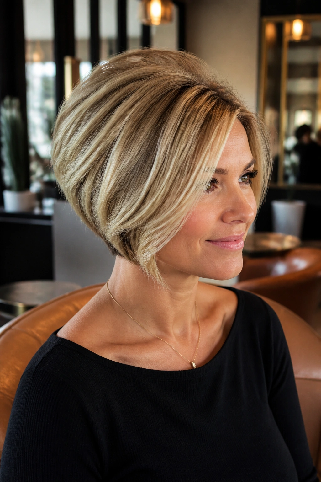 Close-up of a real woman with stacked bob and crown volume in blonde
