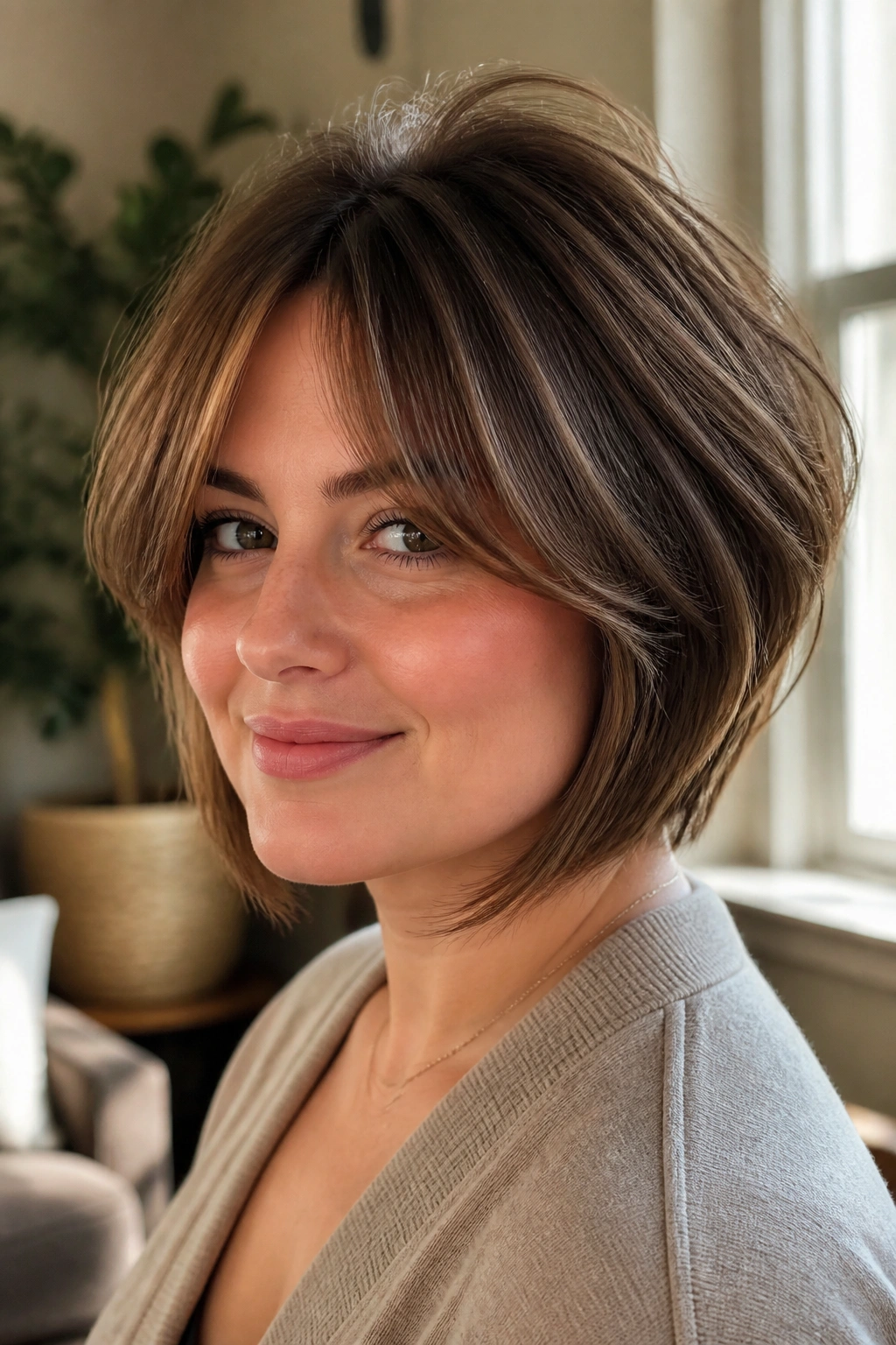 Close-up portrait of a real woman with stacked bob and curtain bangs in warm window light