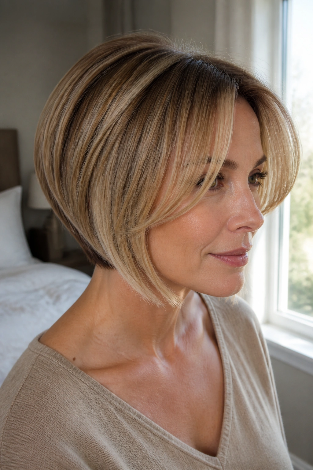 Close-up portrait of a woman with a stacked inverted bob and curtain bangs by window light