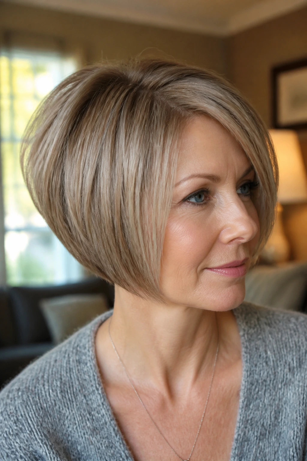 Close-up of a real woman with a dense stacked bob showing a solid perimeter and back graduation