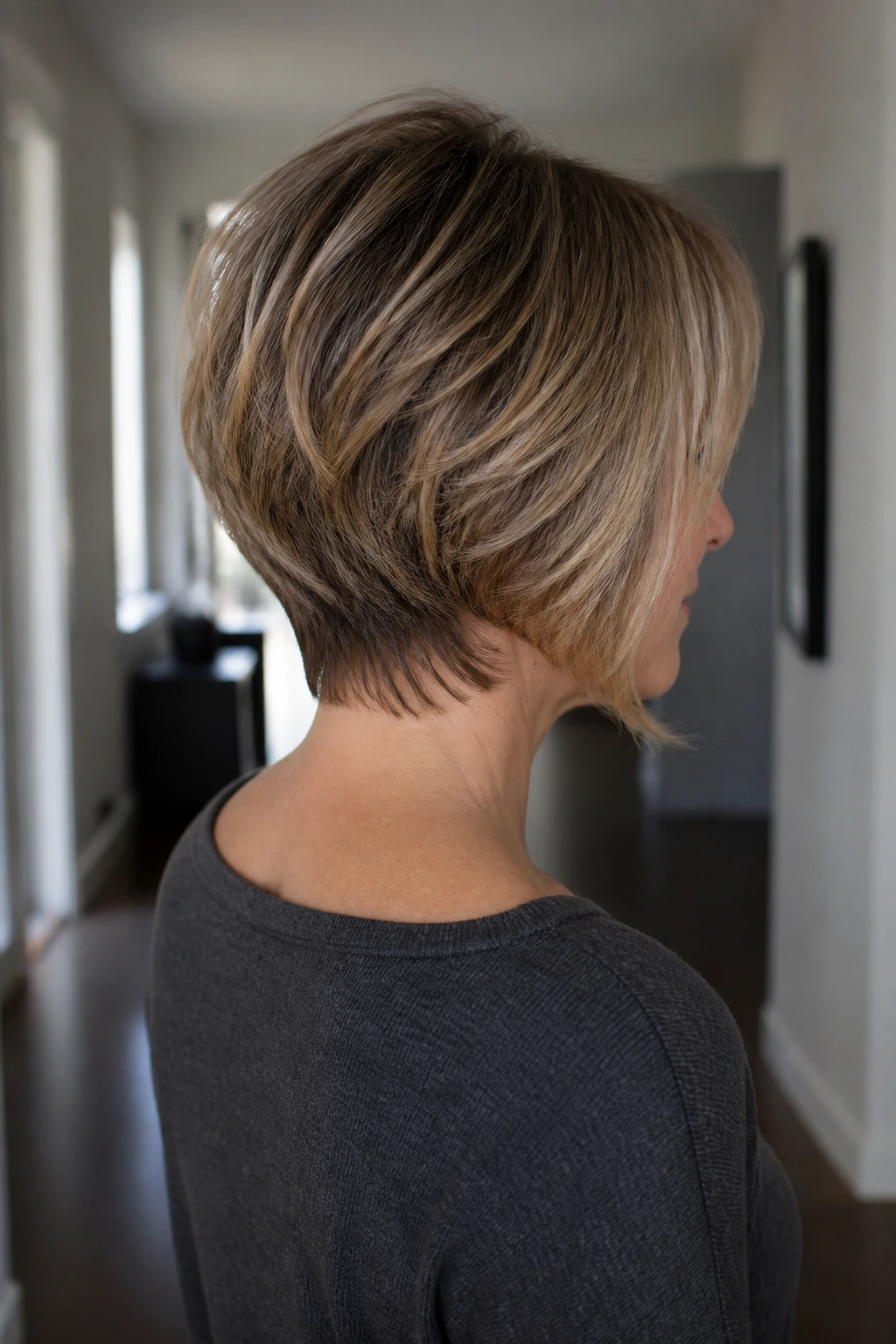 Three-quarter back view of real woman with stacked bob and feathered nape.
