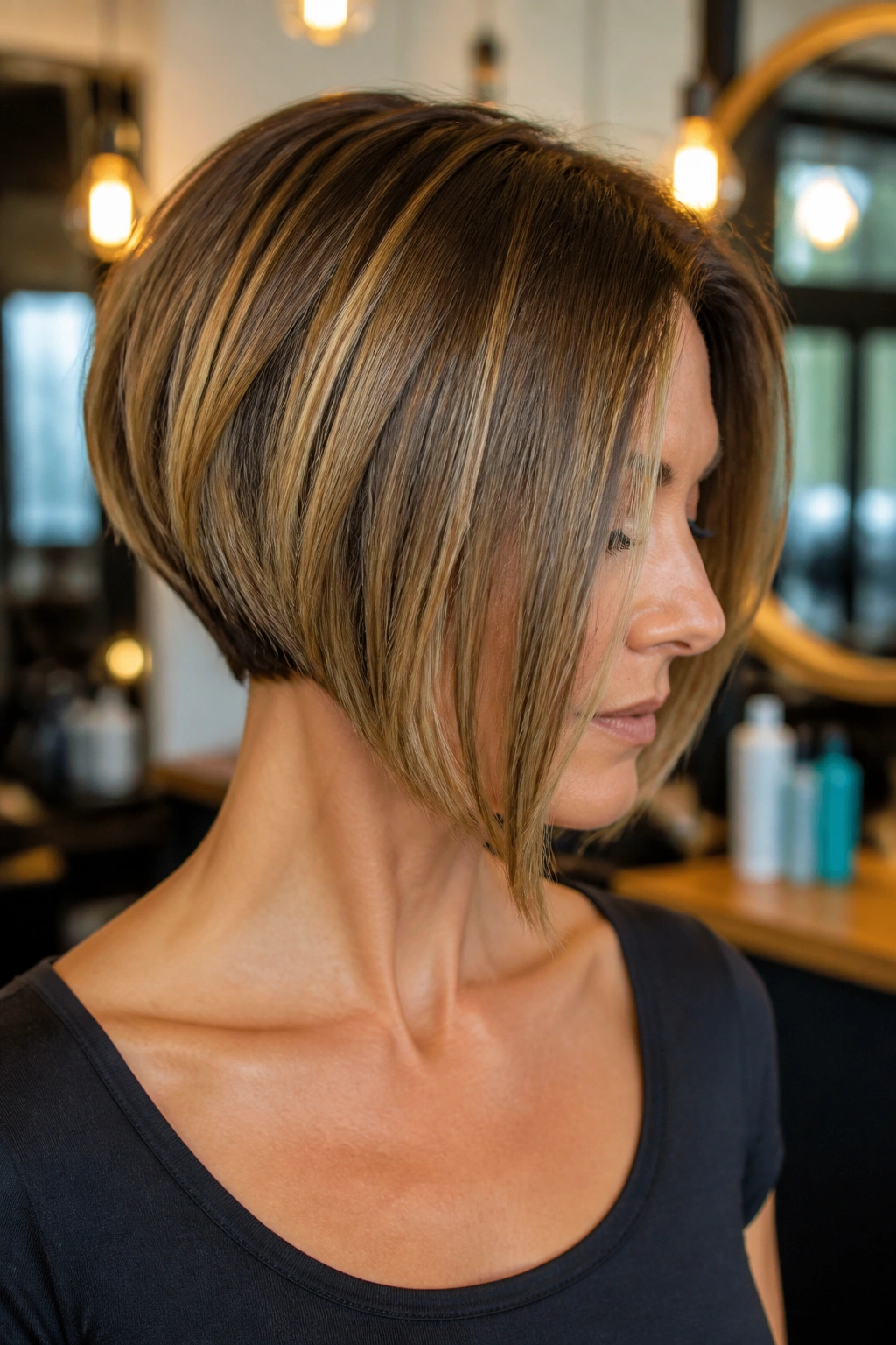 Medium close-up of a real woman with stacked bob and longer front panel in a salon