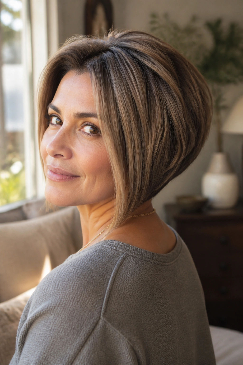 Close-up of a real woman with a stacked bob and soft graduation showing crown lift