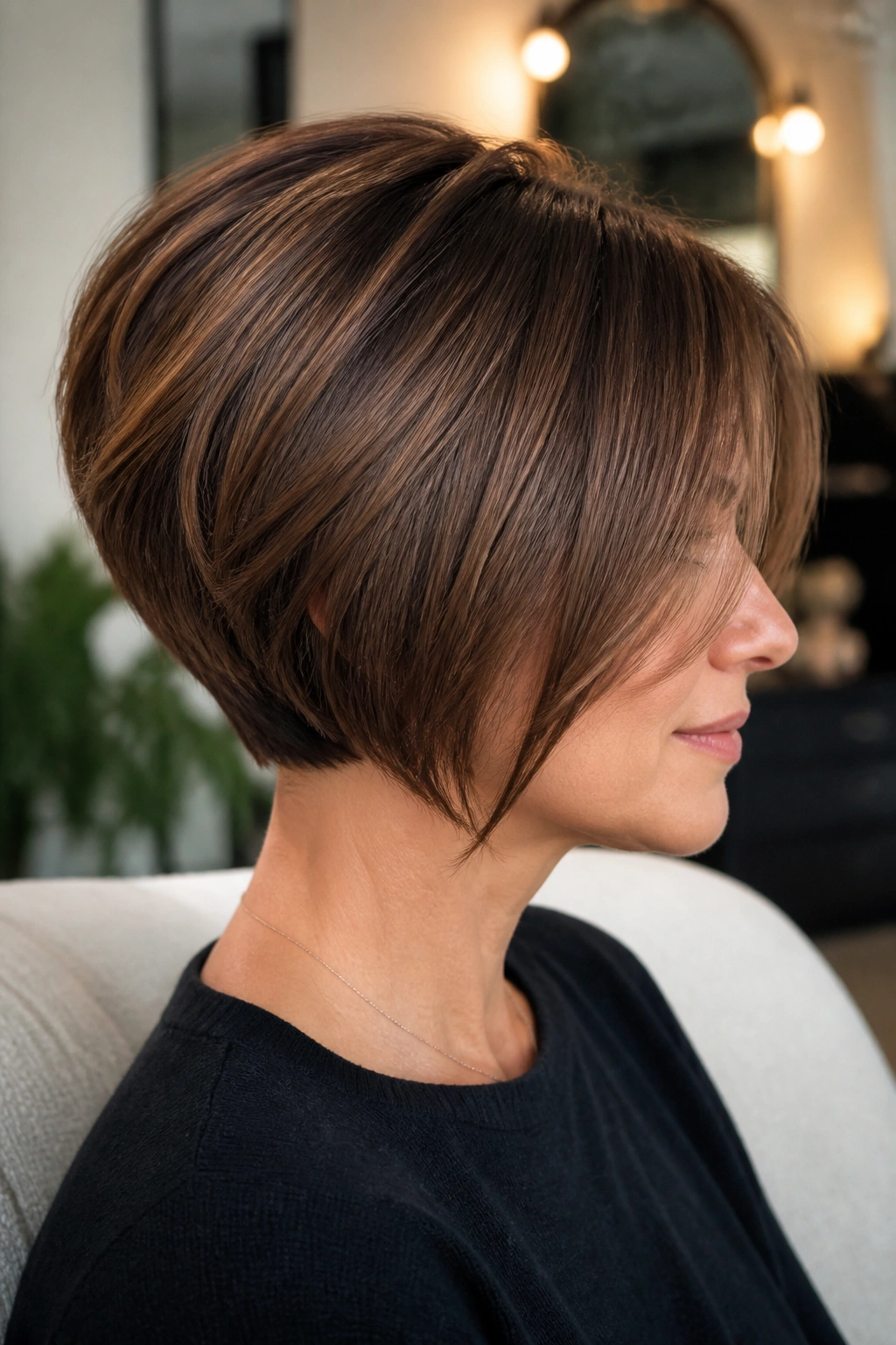 Close-up of a real woman with a stacked bob and soft graduation in warm light.