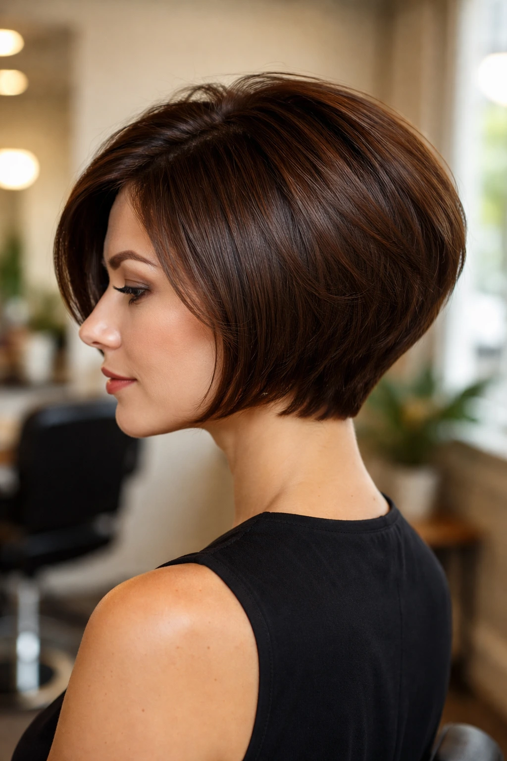 Close-up of a real woman wearing a classic graduated stacked bob under warm window light