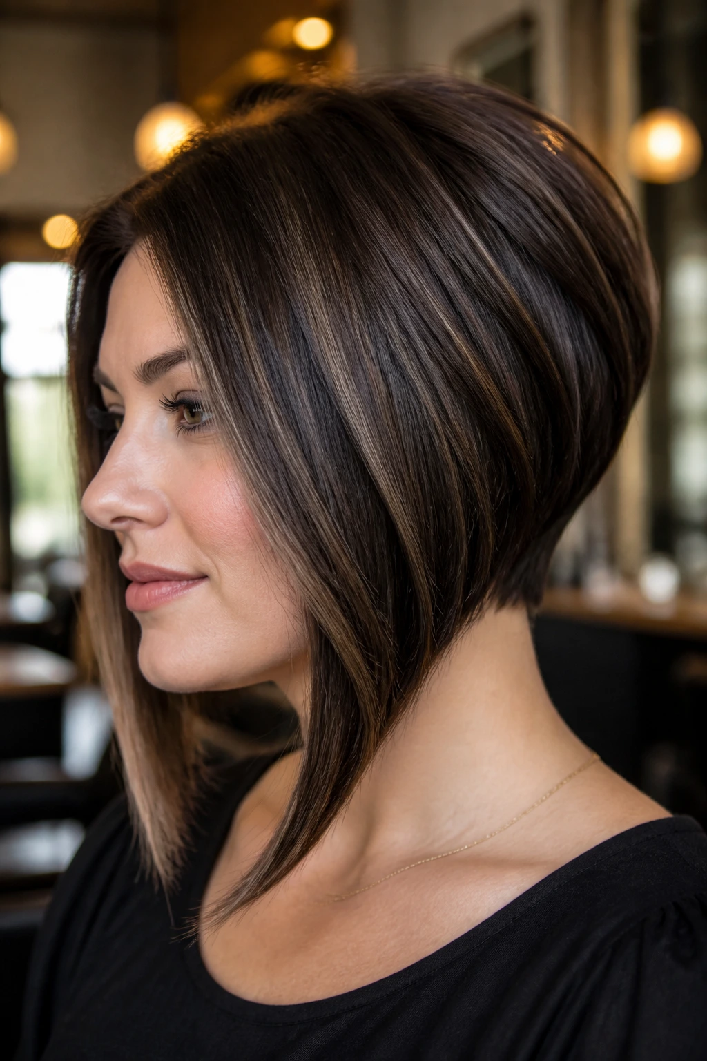 Portrait of a real person with a high-contrast stacked bob showing a short back and longer front.