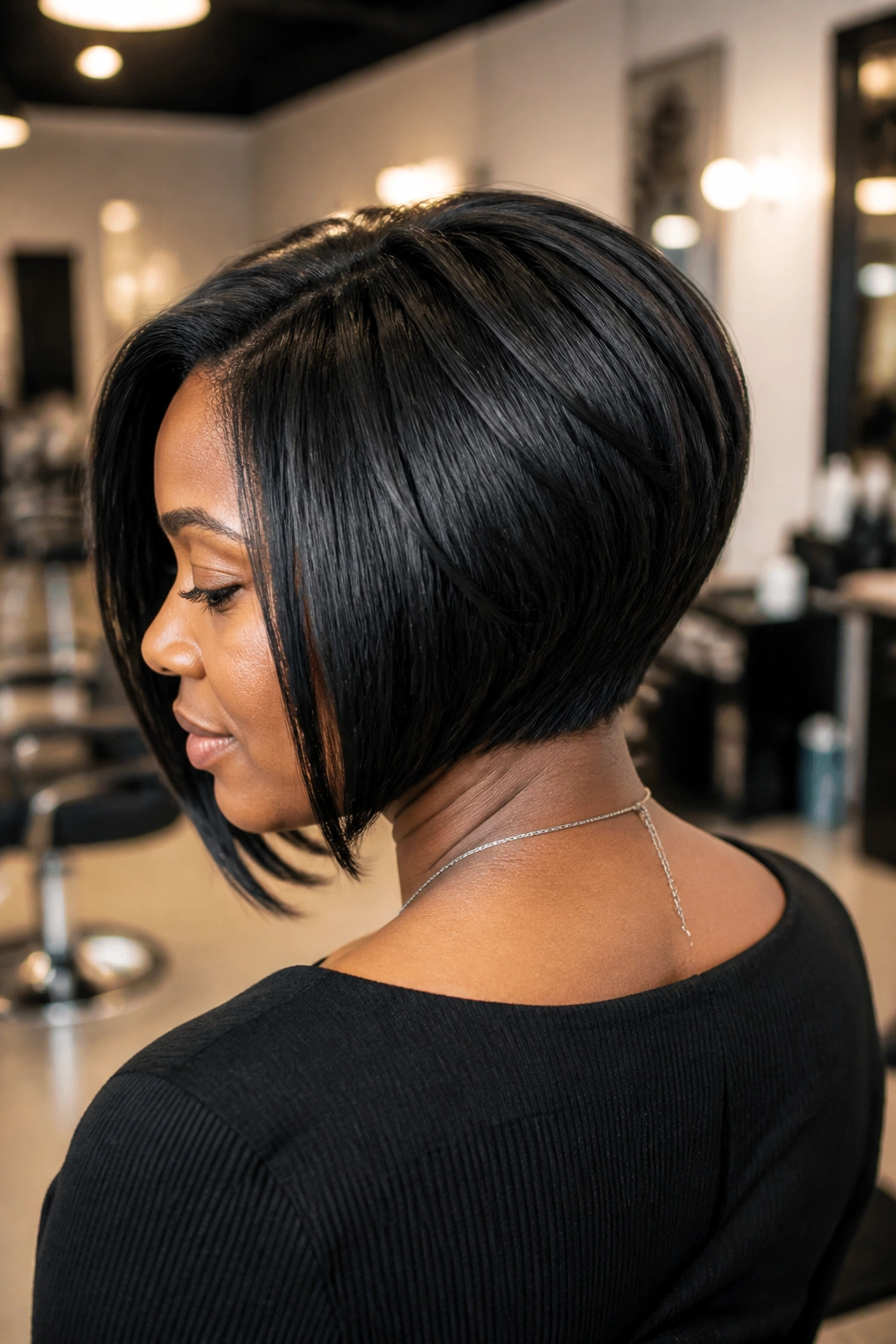 Portrait of a real woman with a stacked bob showing back lift and rounded crown.