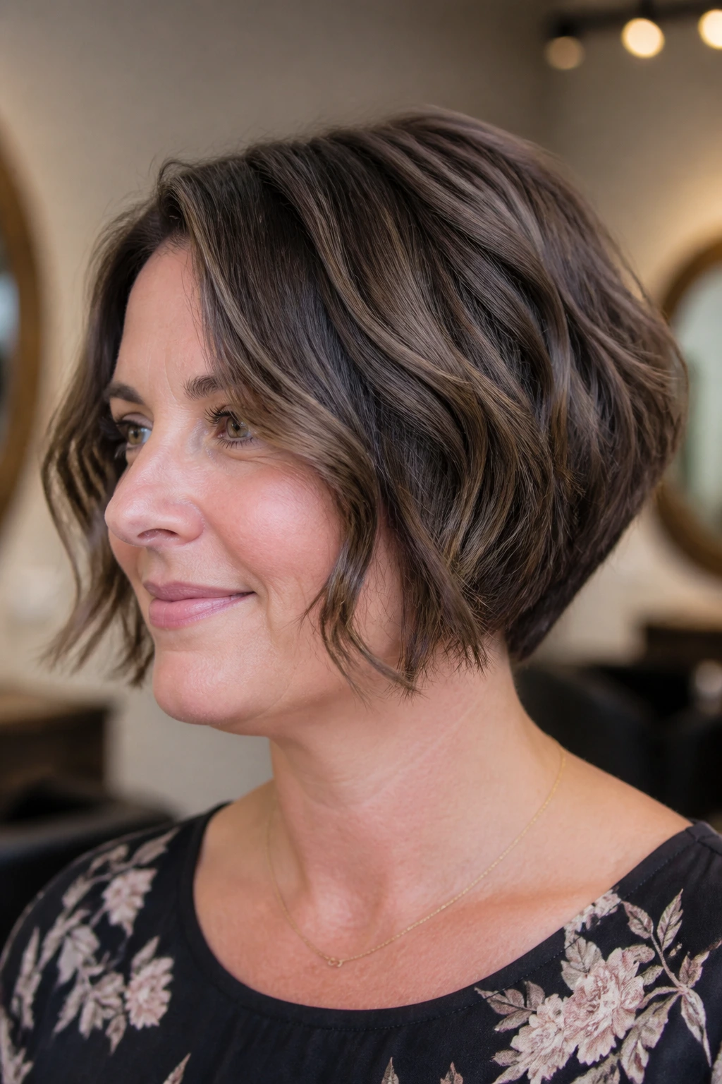 Close-up of a real woman with a stacked bob and hidden layers lifting at the crown