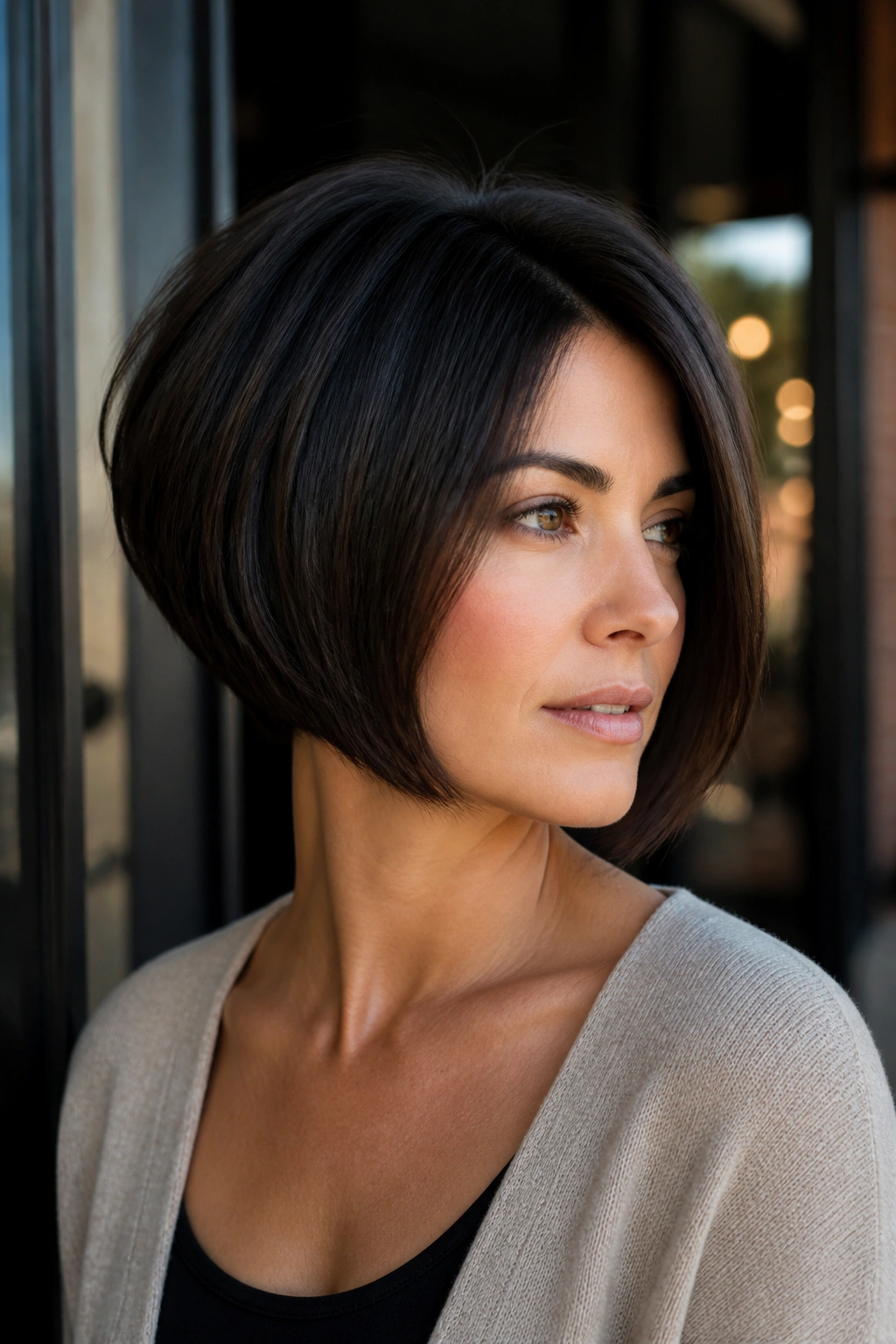 Three-quarter portrait of a real woman with a stacked bob and crown lift