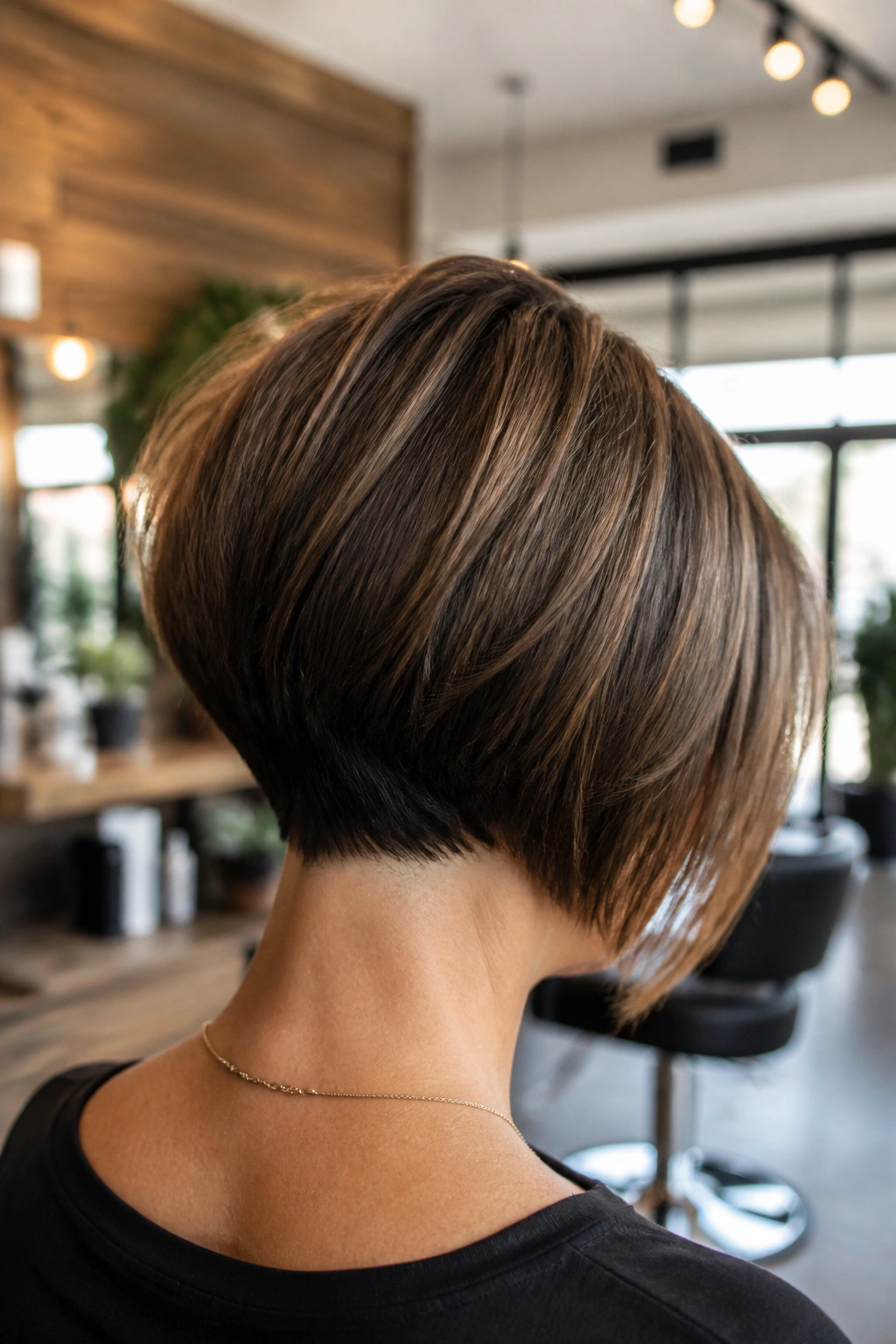 Close-up of stacked bob with lifted nape on a real person in a salon