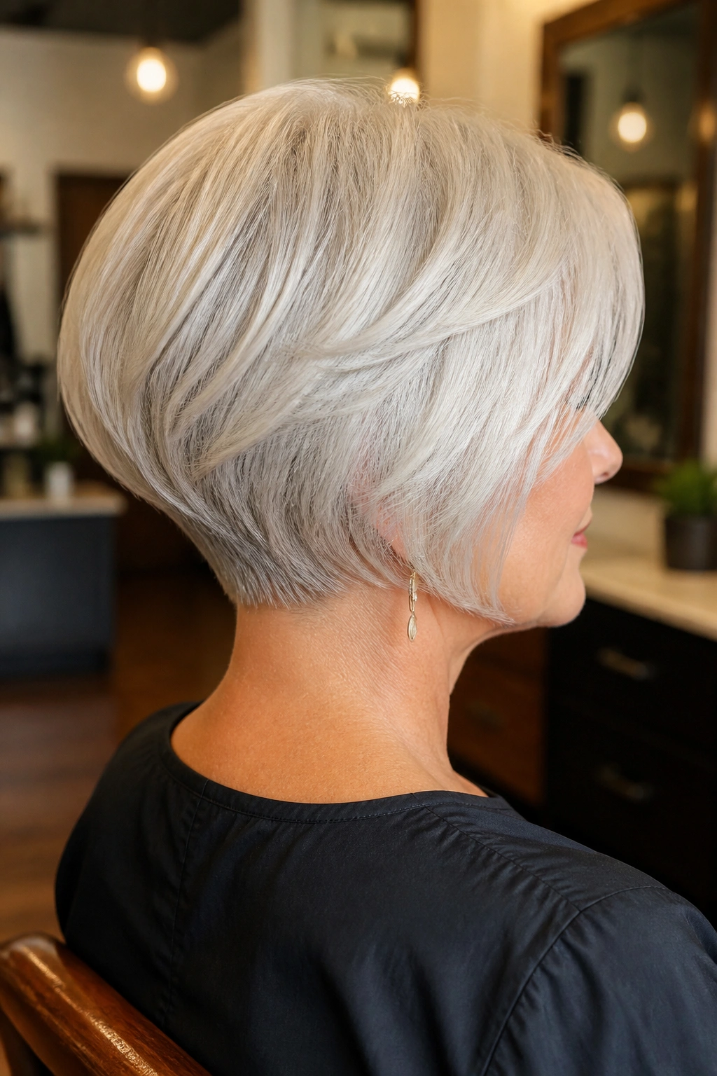 Back and side view of a real woman showing a stacked bob with lifted nape in a salon setting.