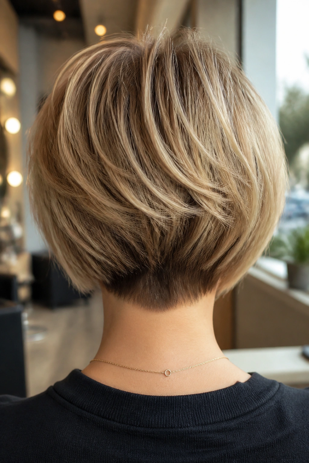 Back view close-up of stacked bob with light graduation on a real person, nape lift and blended layers
