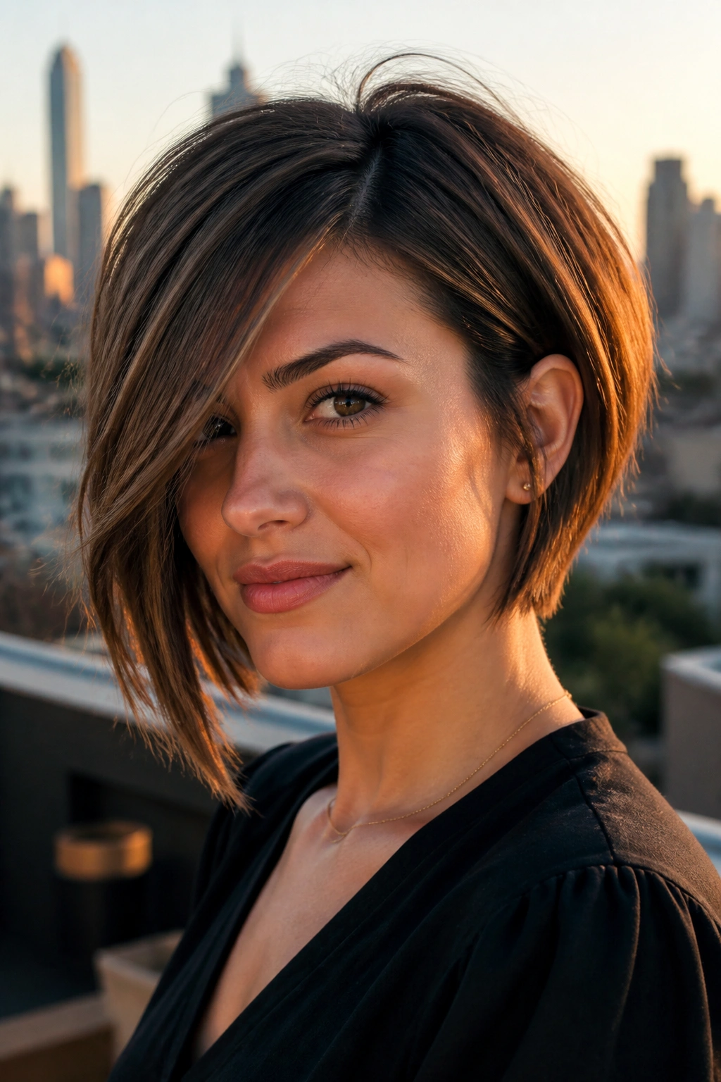Real woman wearing stacked bob with long side bangs on rooftop at golden hour