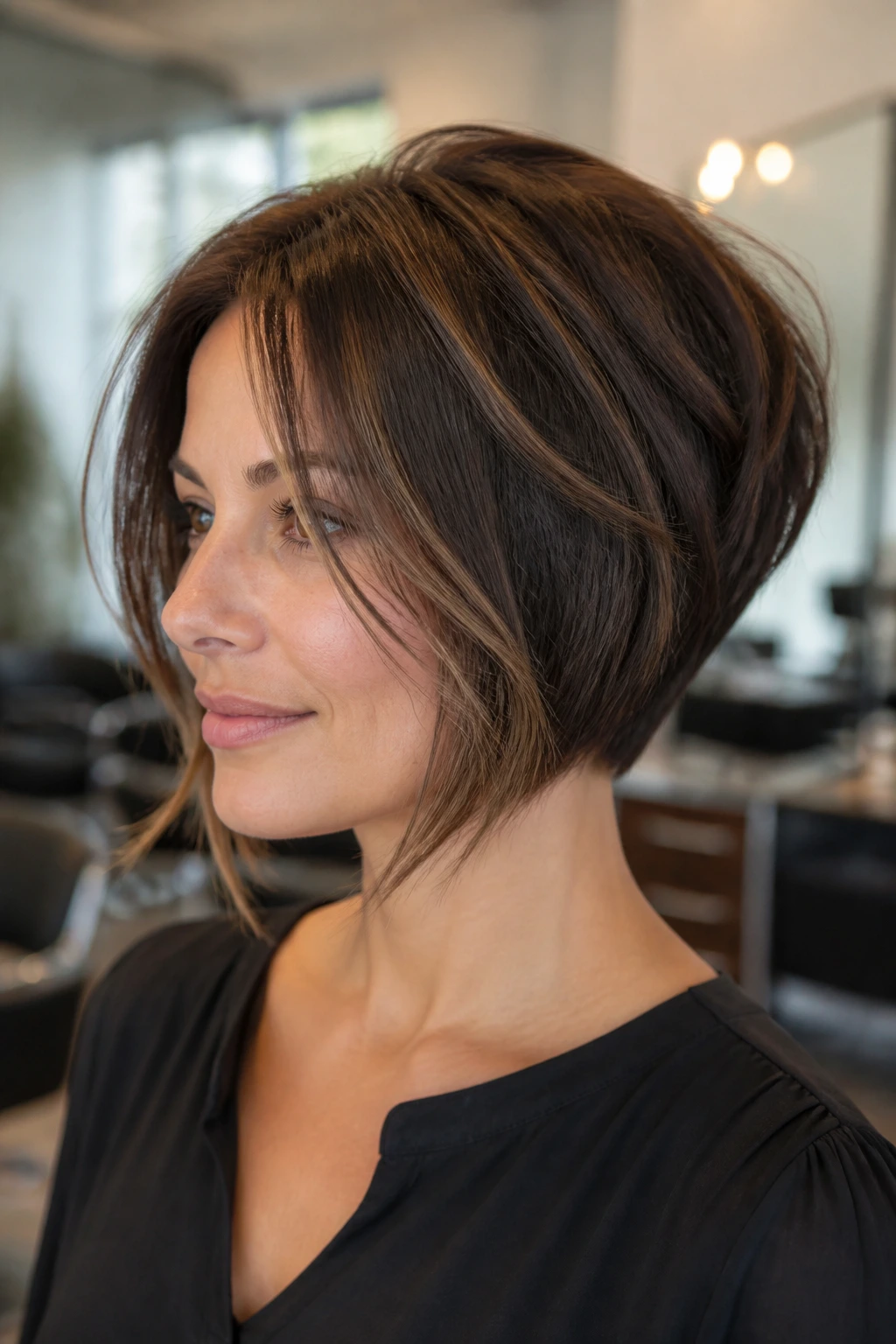 Close-up of a woman with a stacked bob and loose front pieces.