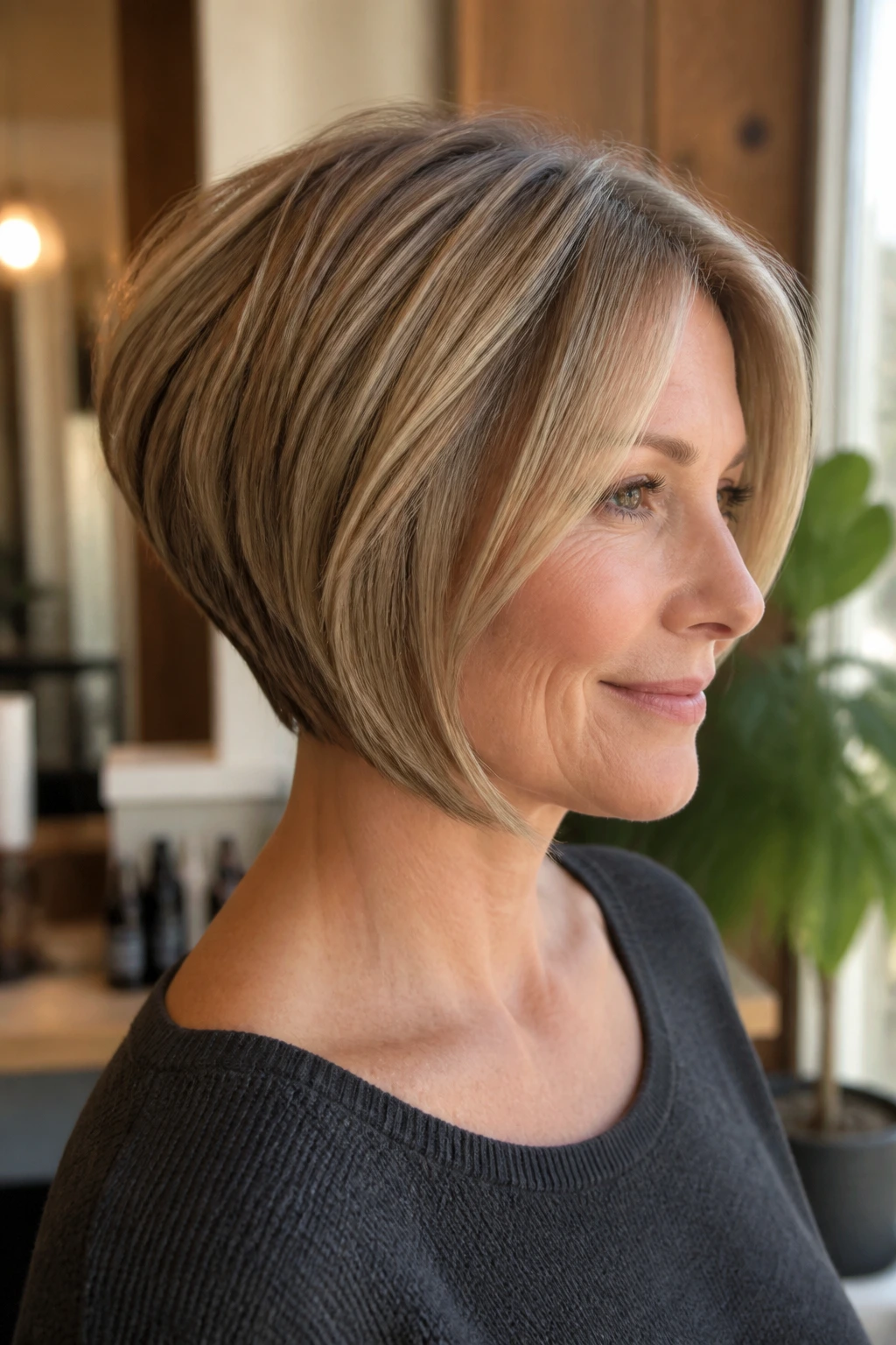 Close-up of a real woman with a gentle low-maintenance stacked bob showing face framing and back lift
