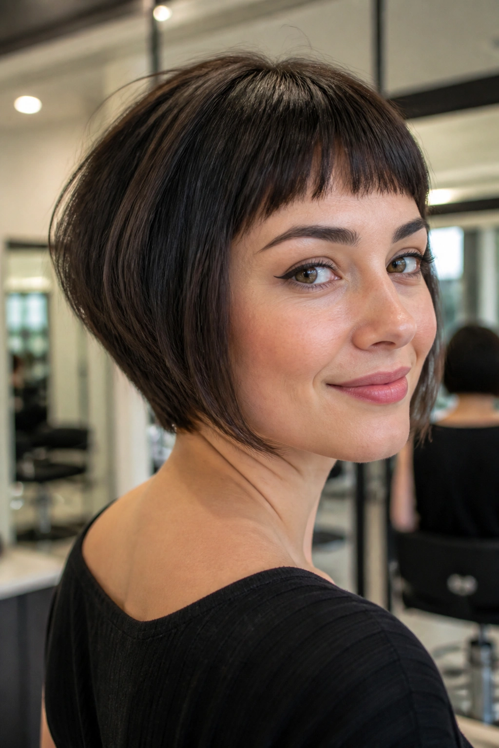 Portrait of a real woman with stacked bob and micro-bangs under natural light
