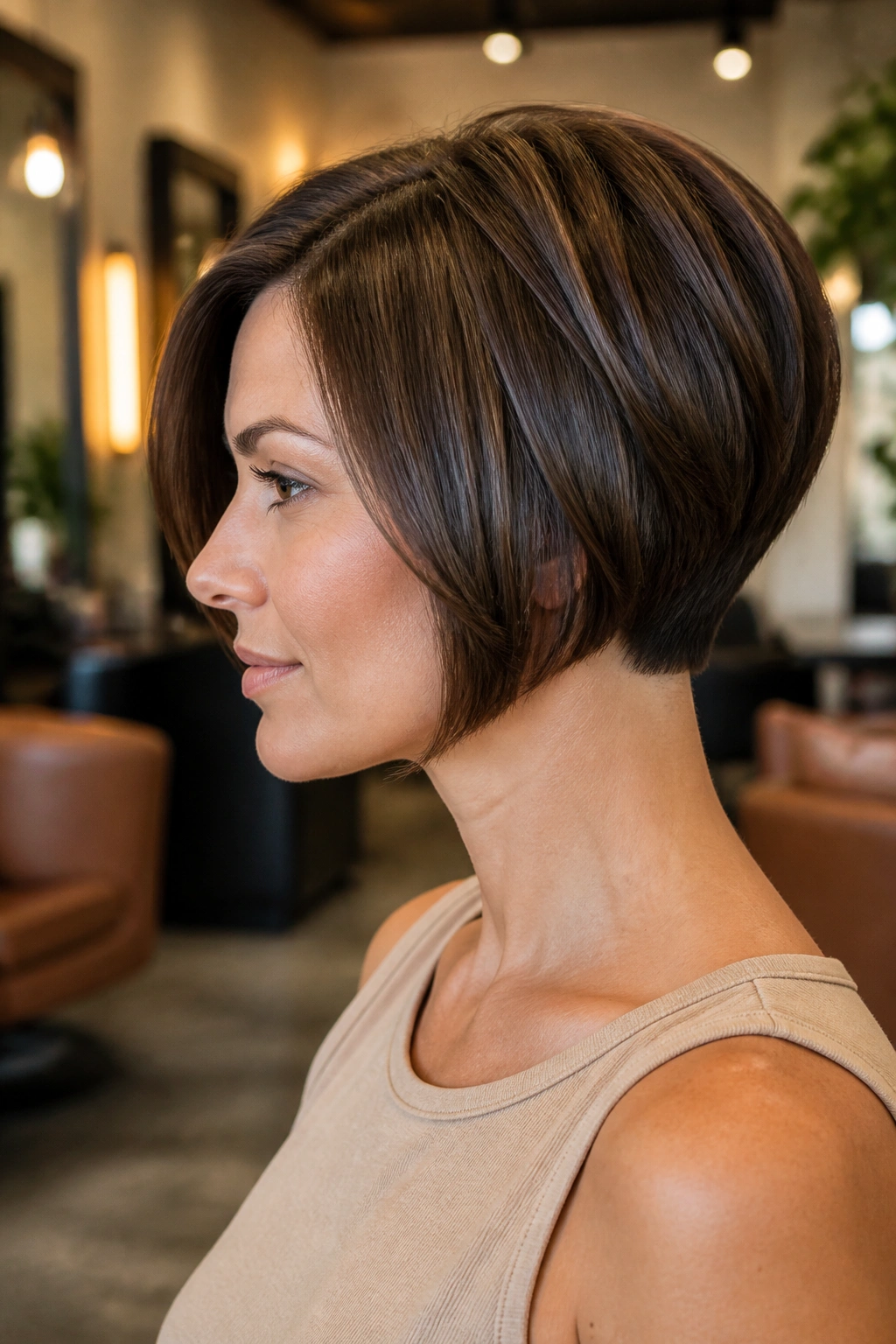 Three-quarter profile of a real woman with stacked bob and clean nape