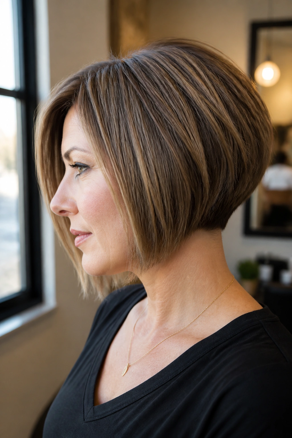 Close-up portrait of a real woman with Classic Stacked Bob With a Clean Nape, sleek nape lift and curved front.