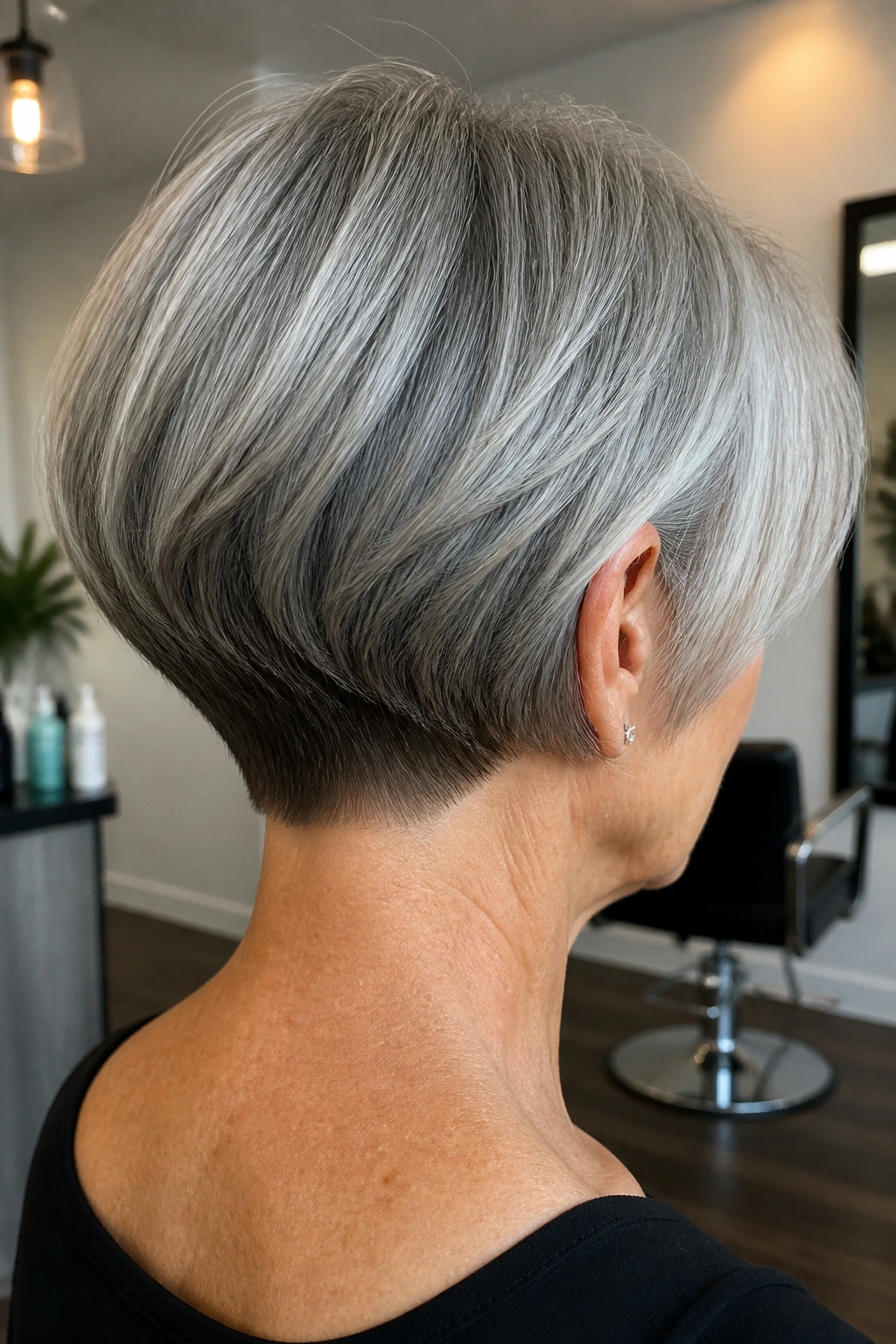 Close-up portrait of a real woman with a stacked bob and lifted nape.