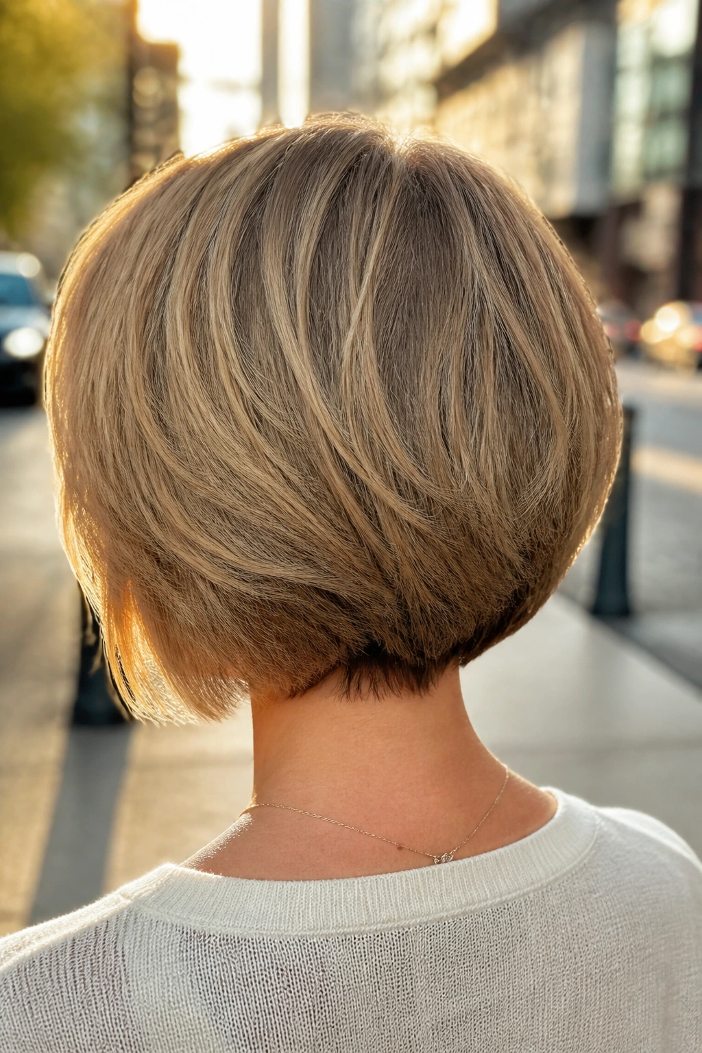 Back-of-head view of a real woman with a softly stacked bob at the nape.