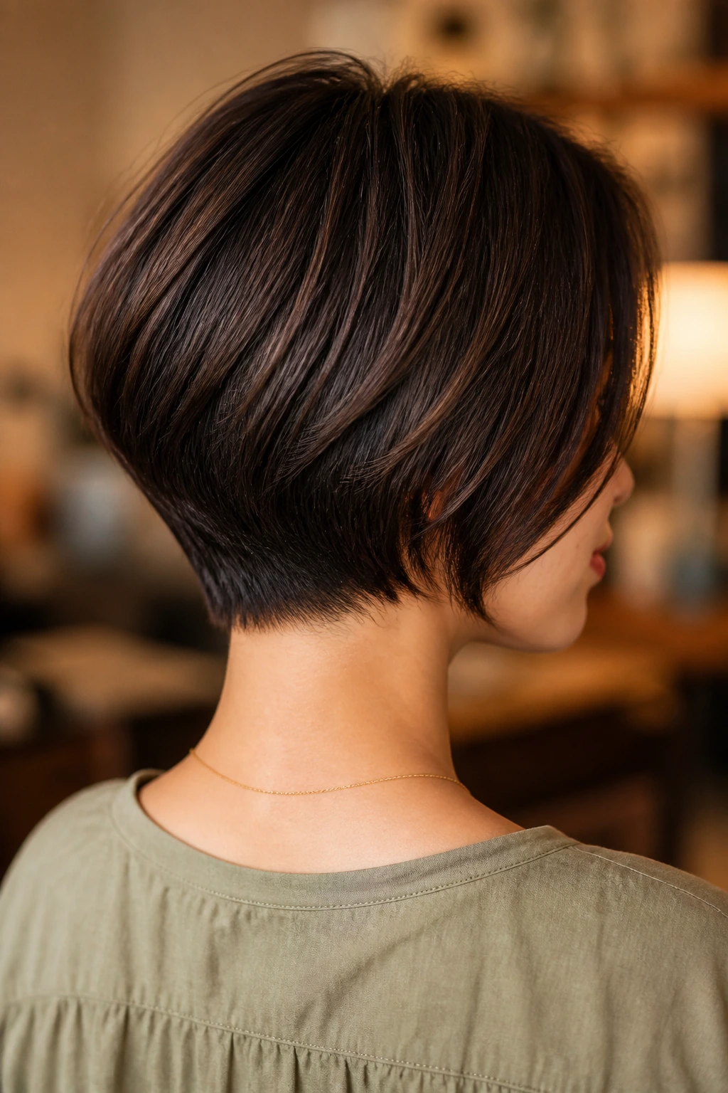Three-quarter portrait showing a stacked bob with a lifted nape on a real woman.